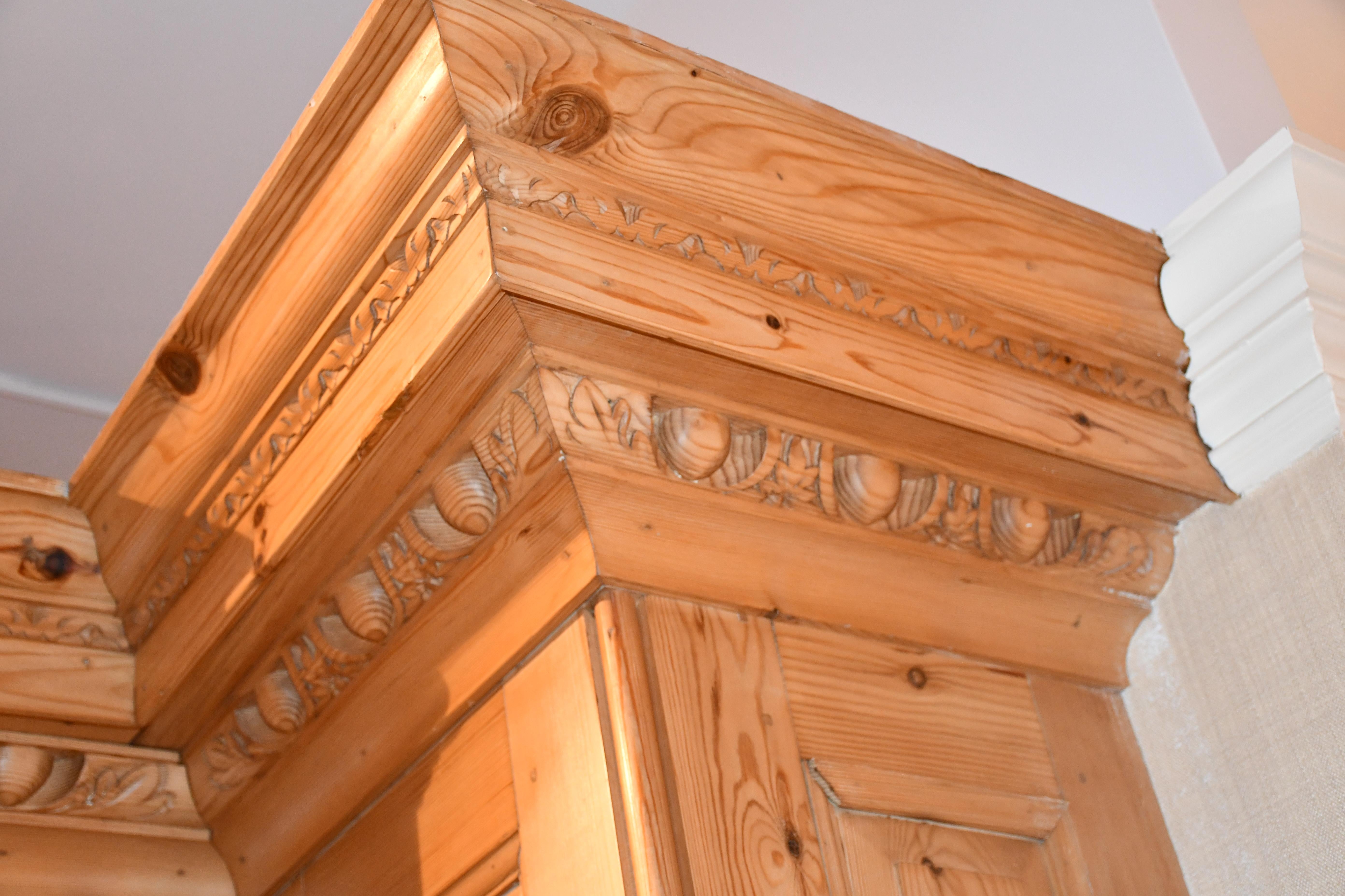 Hand-Carved Impressive Hand Carved English Pine Fire Surround & Mantle For Sale