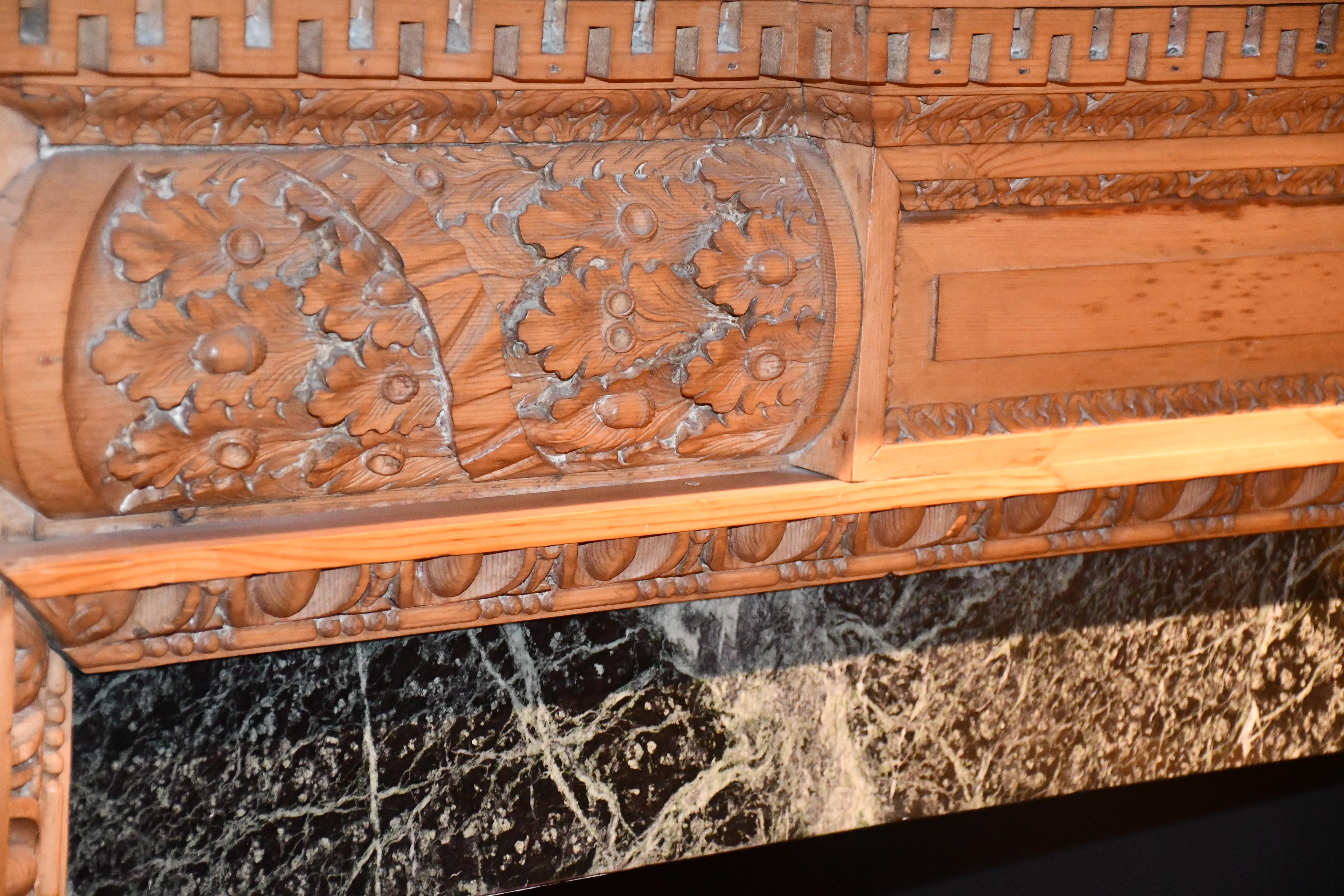 Impressive Hand Carved English Pine Fire Surround & Mantle For Sale 6