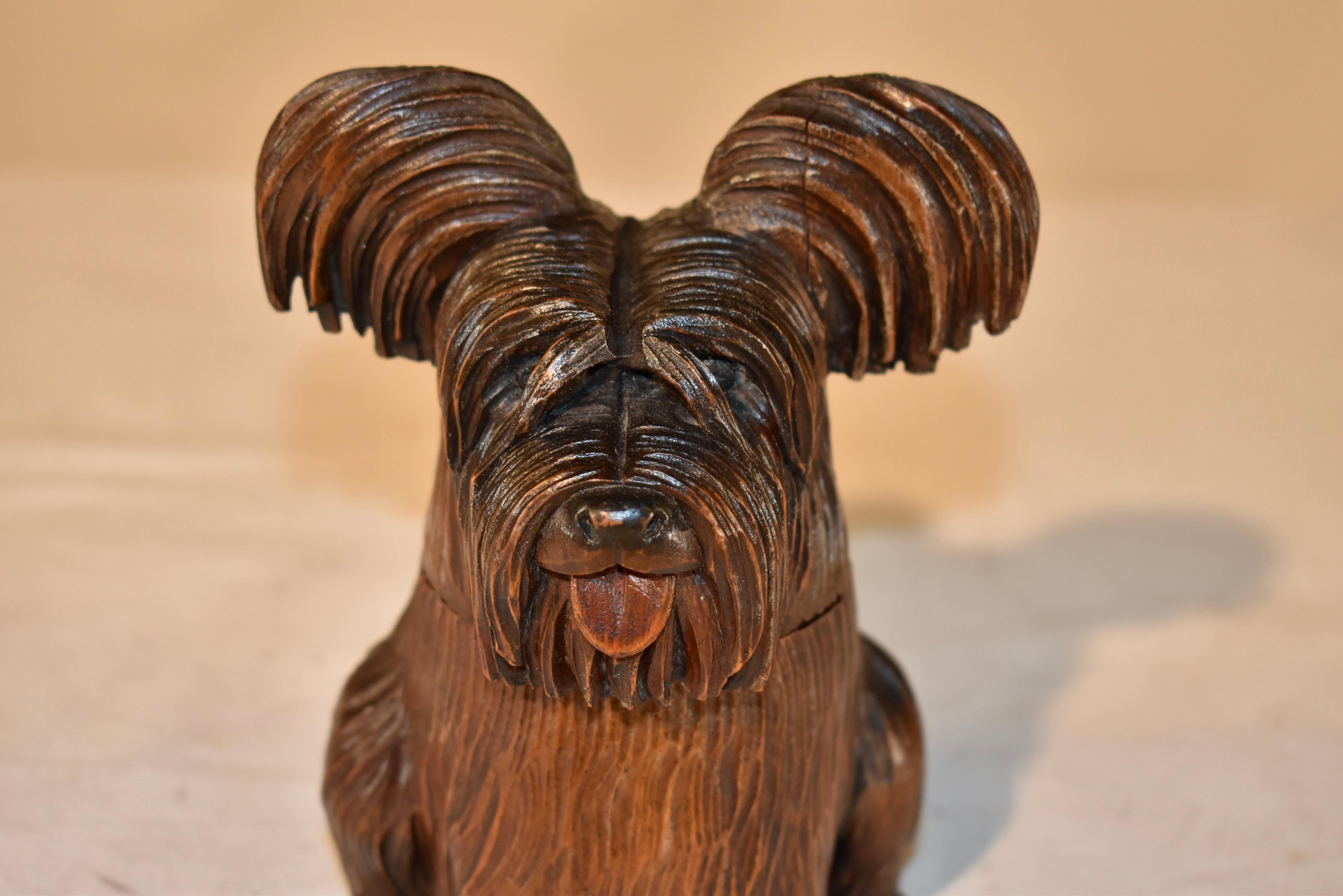 Vintage English hand-carved box in the form of a Yorkshire Terrier.  This box just grabs your heart and squeezes it with the fluffy coat of fur and the sweet expression.  This piece looks great wherever you put it!  On a mantle, bookshelf, or small