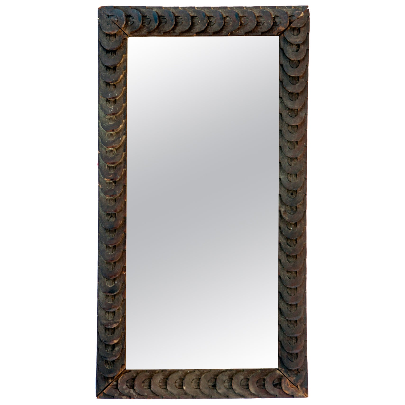 Hand Carved European Tramp Art Framed Mirror