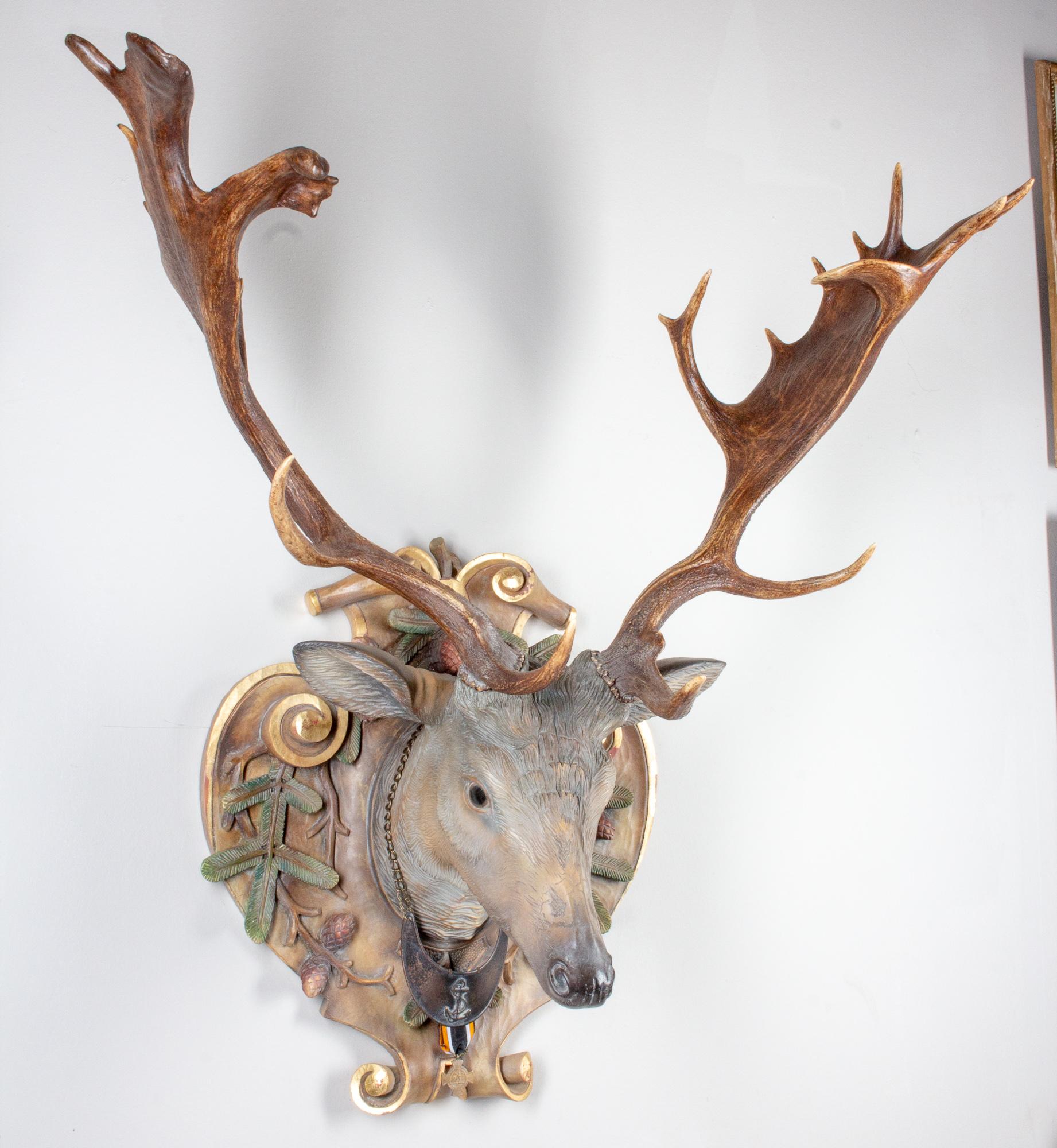 Hand-Carved Fallow Deer with Antique Habsburg Antlers from Eckartsau Castle In Excellent Condition In Houston, TX
