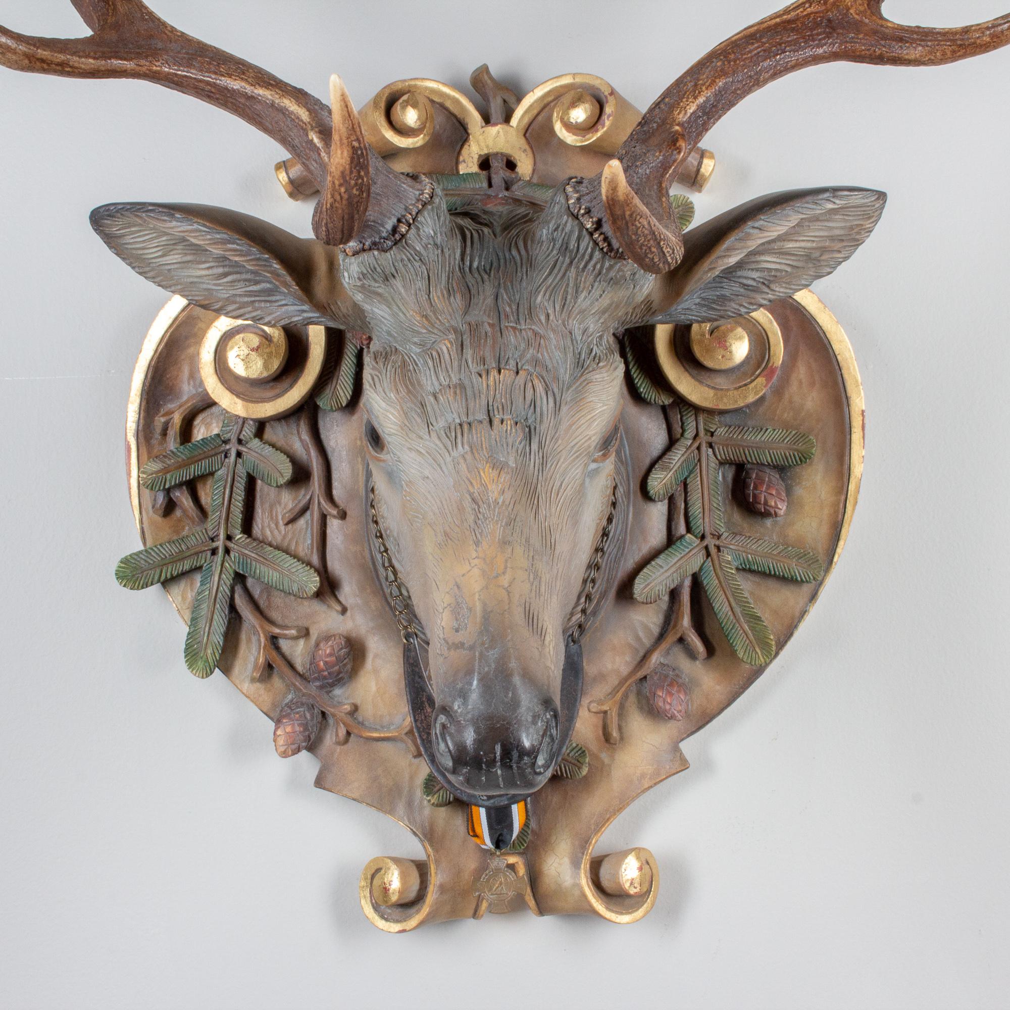 19th Century Hand-Carved Fallow Deer with Antique Habsburg Antlers from Eckartsau Castle