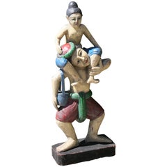 Asian Hand Carved Oversized Father and Son Polychrome Figural Sculpture