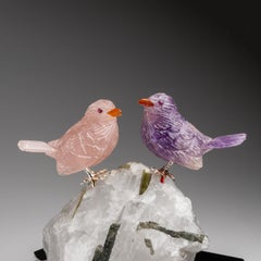 Hand Carved Finches on a Green Tourmaline in Quartz Matrix (3.5"H)