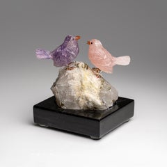 Hand Carved Finches on a Green Tourmaline in Quartz Matrix (3.5"H)