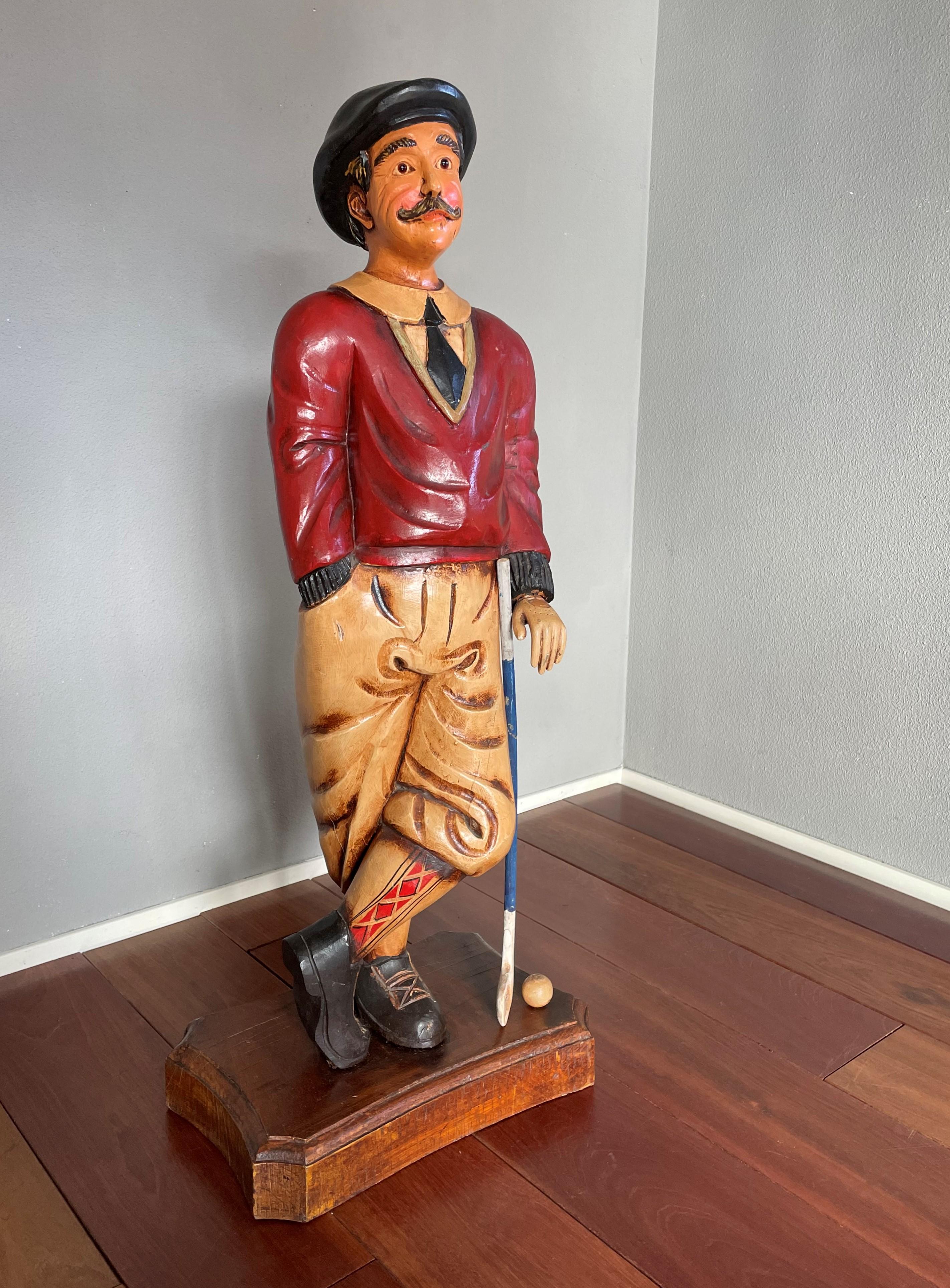 20th Century Hand Carved Floor Sculpture of a Golfer in Knickerbocker & Scottish Tartan Socks For Sale