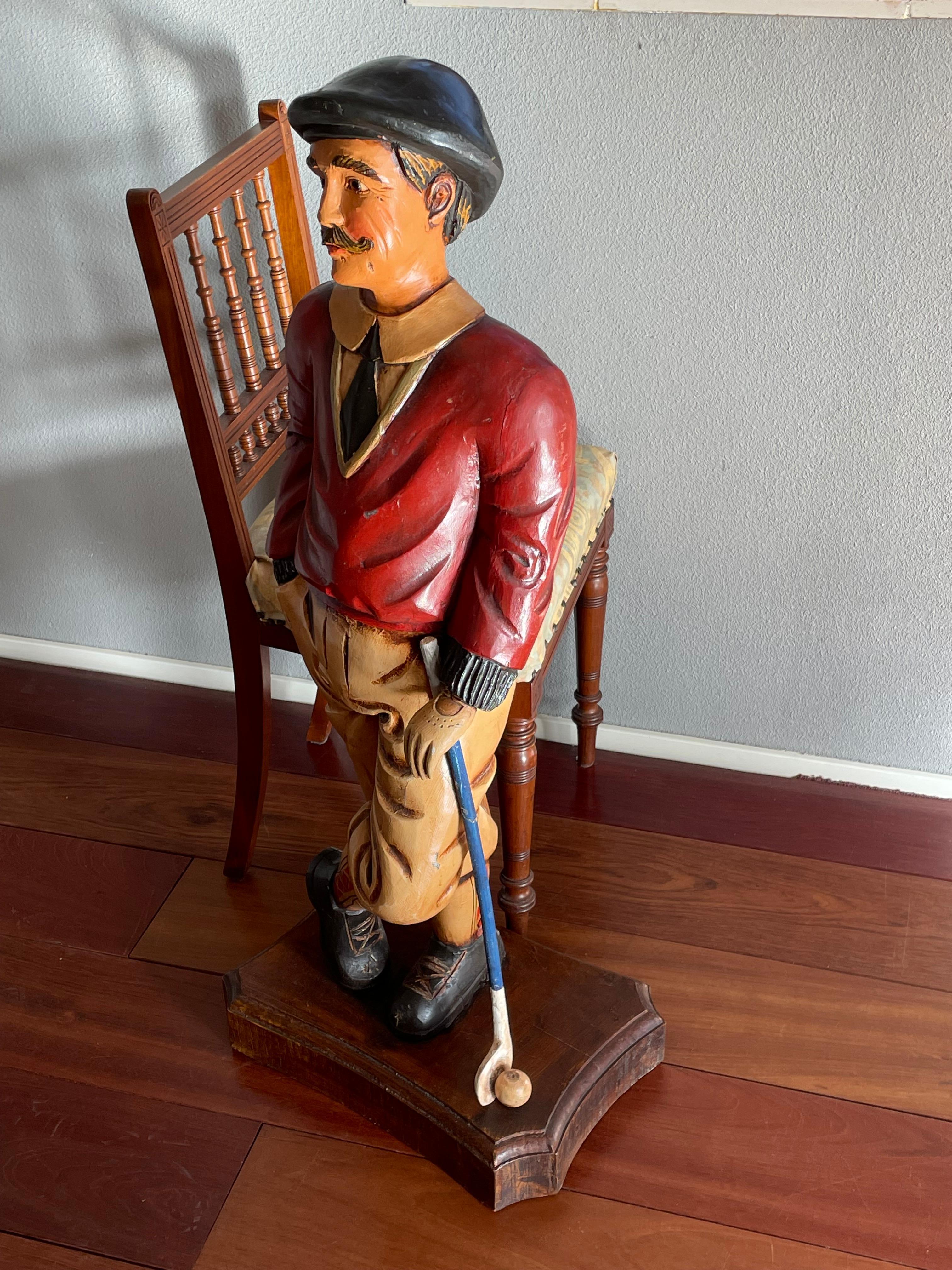 Hand Carved Floor Sculpture of a Golfer in Knickerbocker & Scottish Tartan Socks For Sale 1