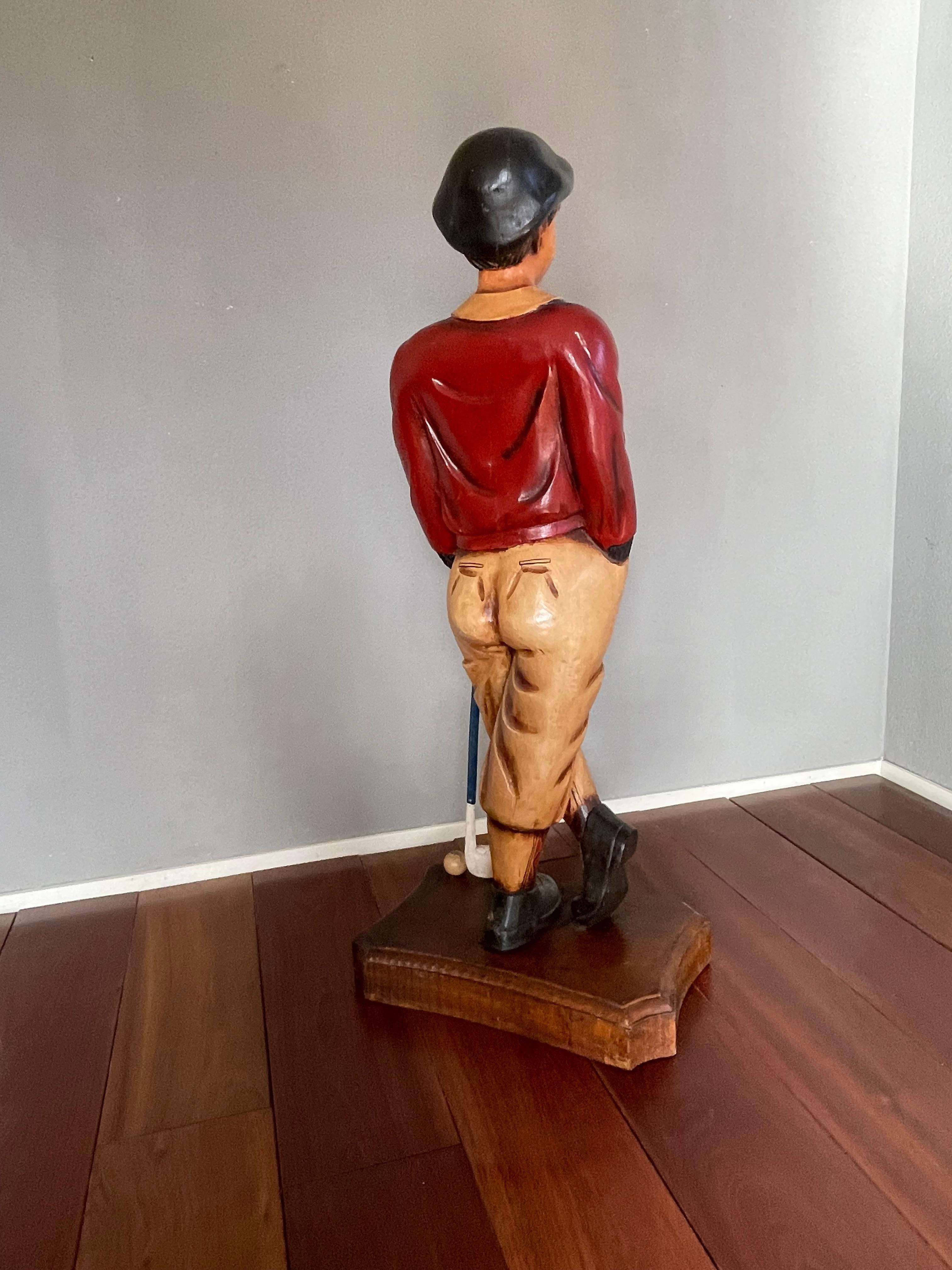 Hand Carved Floor Sculpture of a Golfer in Knickerbocker & Scottish Tartan Socks For Sale 4