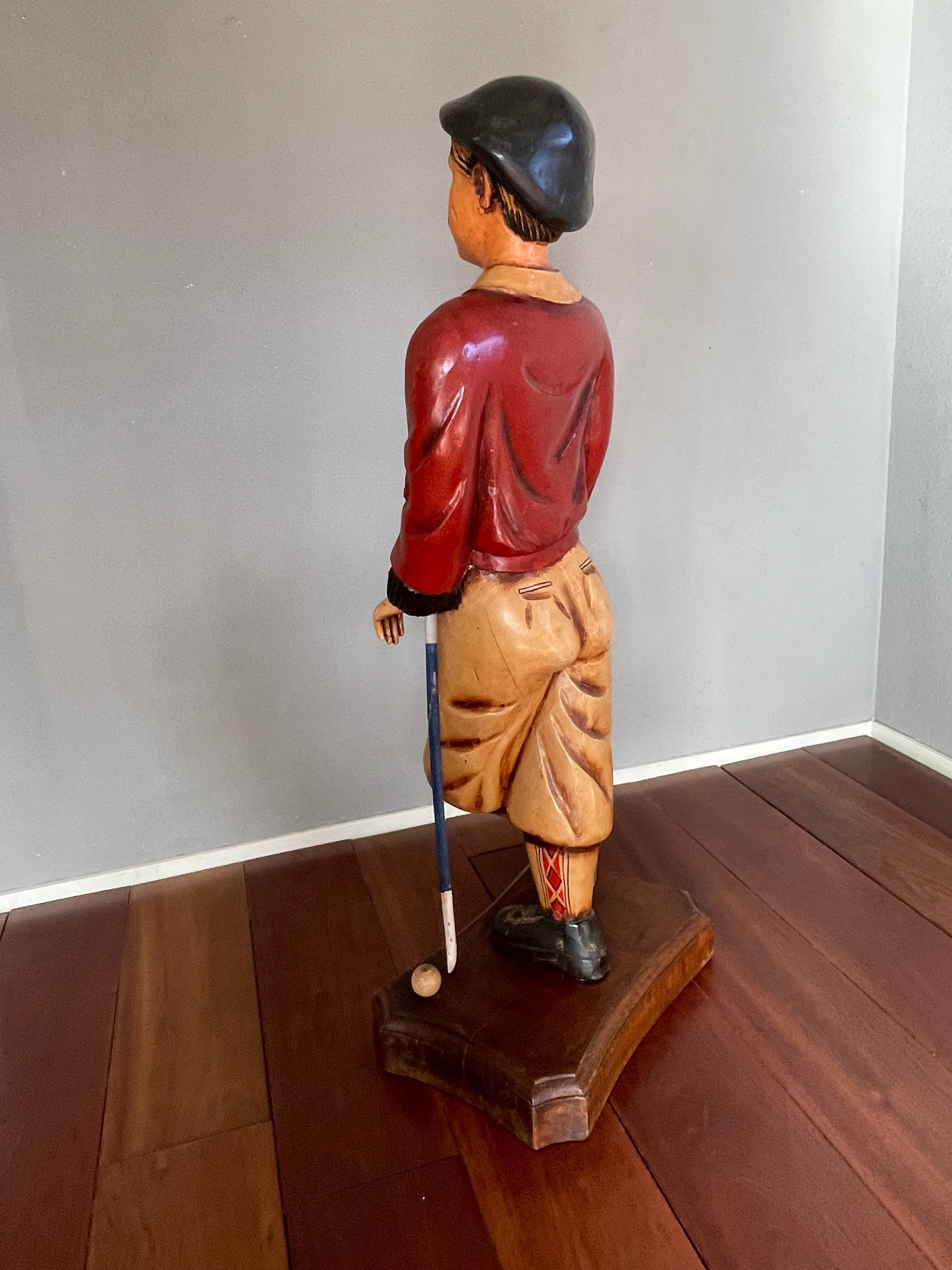 Hand Carved Floor Sculpture of a Golfer in Knickerbocker & Scottish Tartan Socks For Sale 5