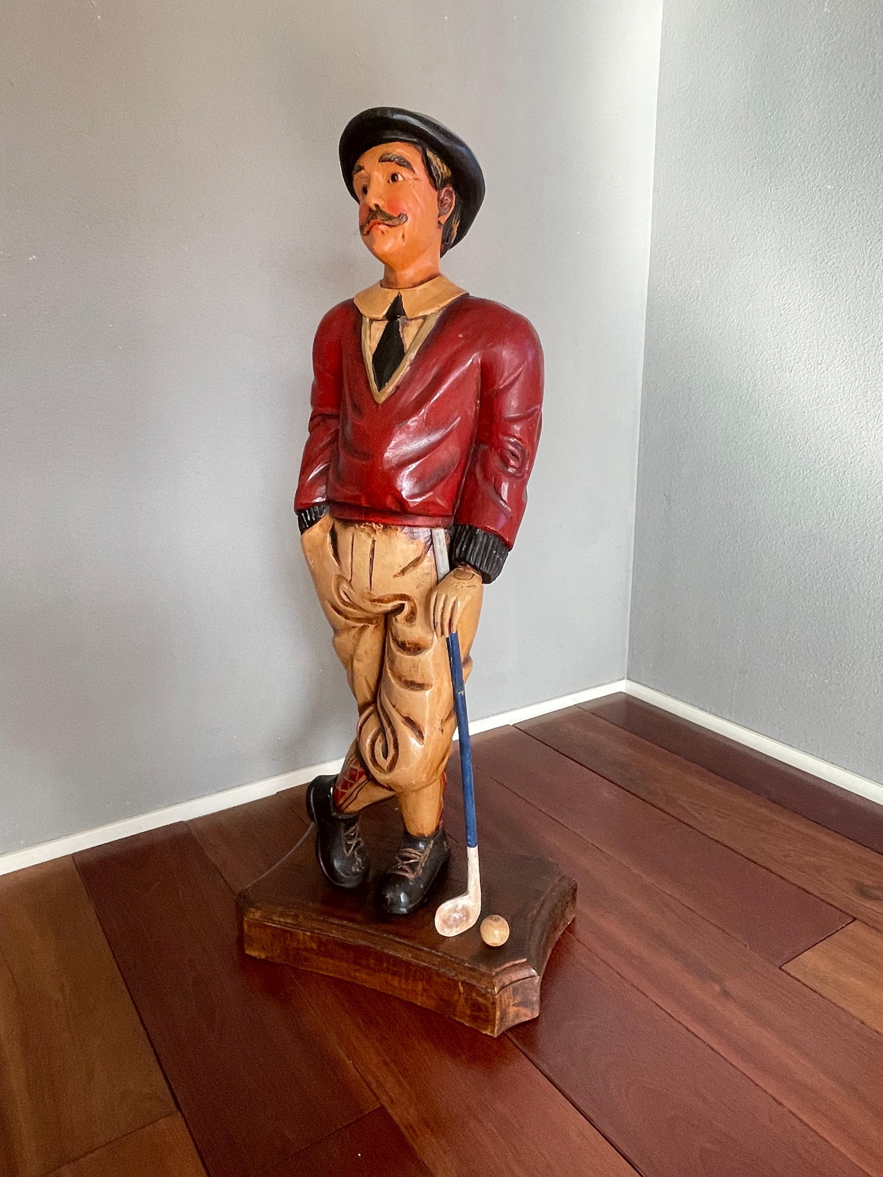 Hand Carved Floor Sculpture of a Golfer in Knickerbocker & Scottish Tartan Socks For Sale 6