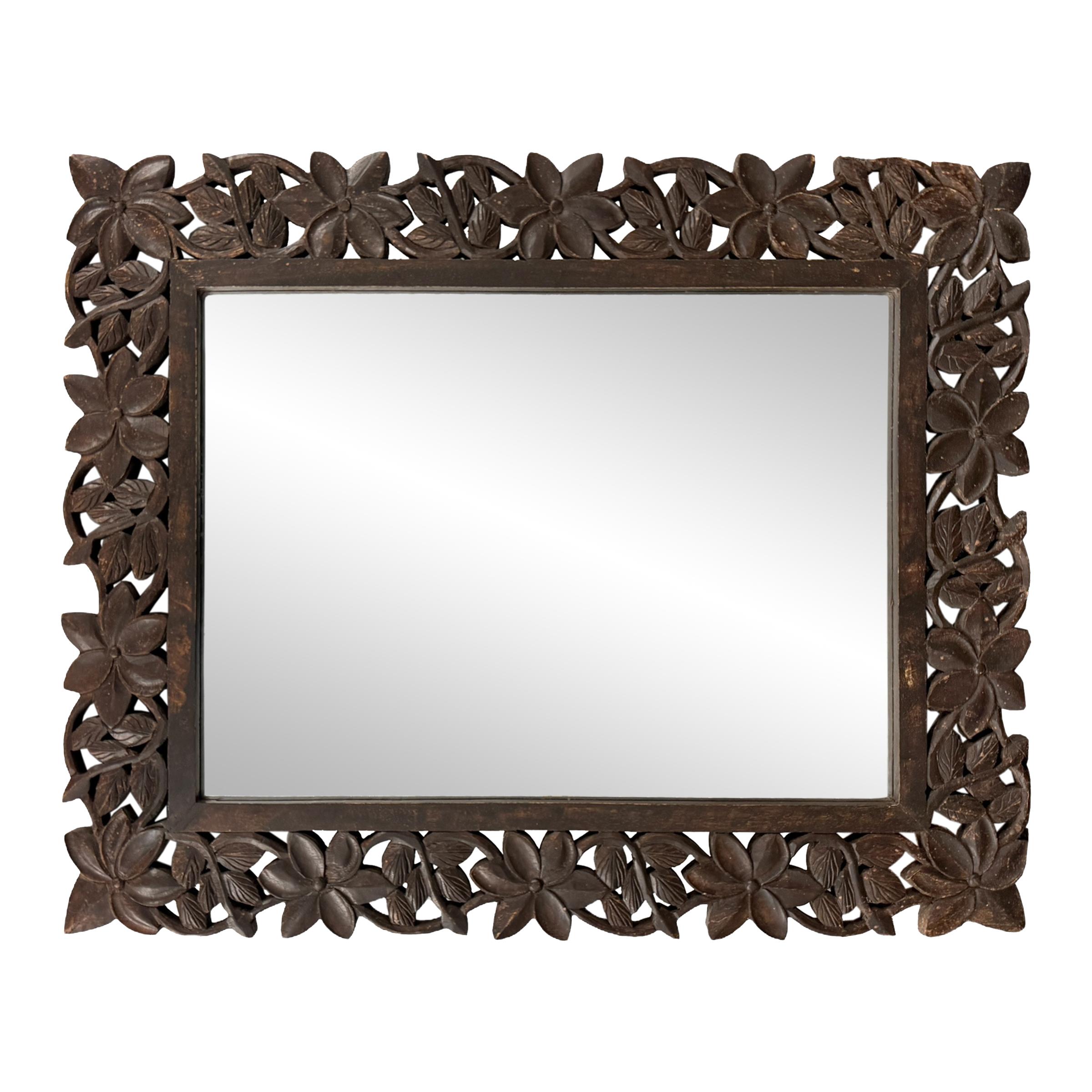 Rustic Hand-Carved Floral Framed Mirror For Sale