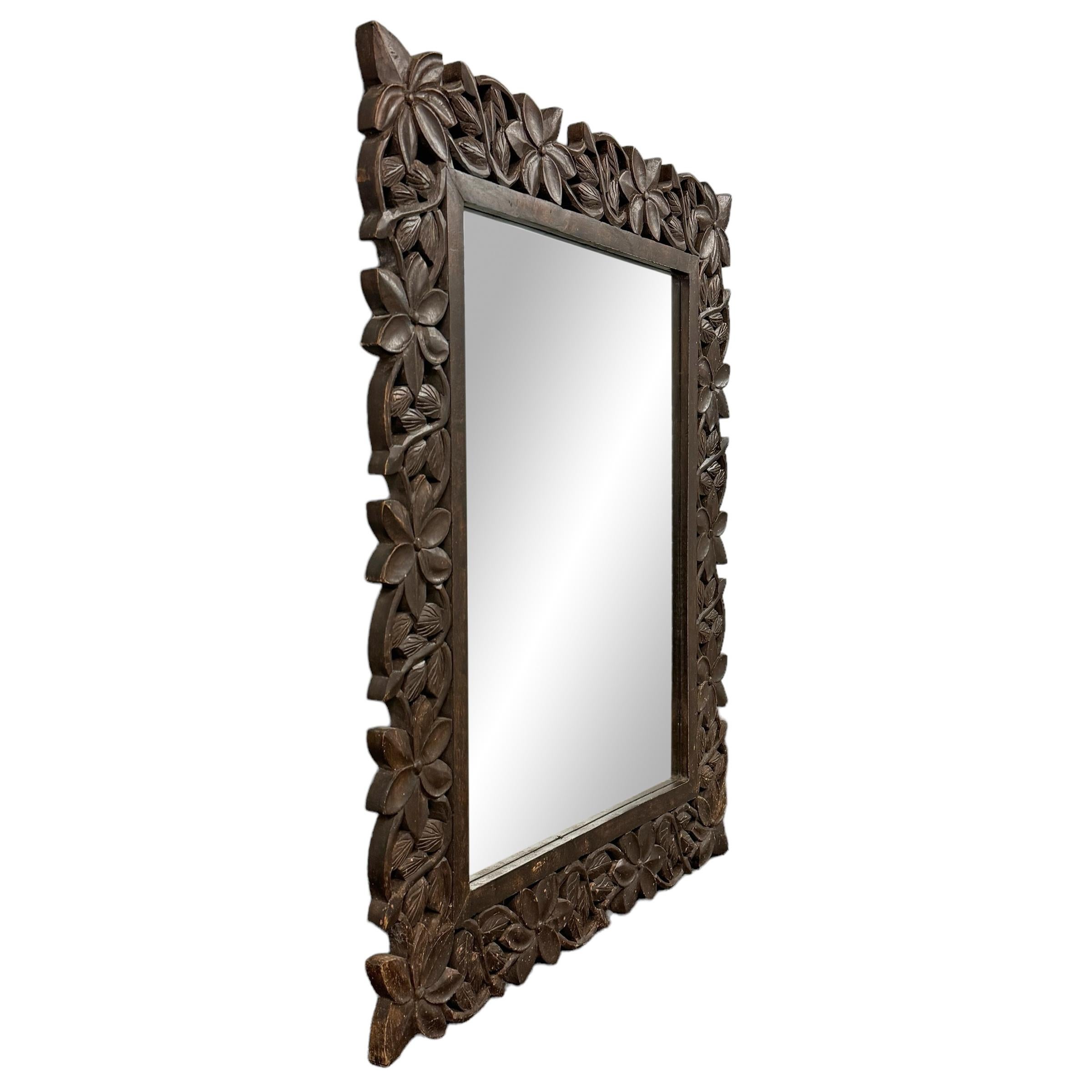 Unknown Hand-Carved Floral Framed Mirror For Sale