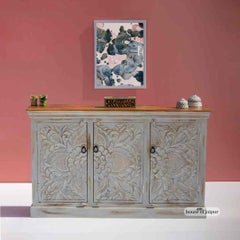 Hand-Carved Floral Wooden Cabinet – Distressed Sideboard by House of Jaipur