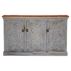 Hand-Carved Floral Wooden Cabinet – Distressed Sideboard by House of Jaipur