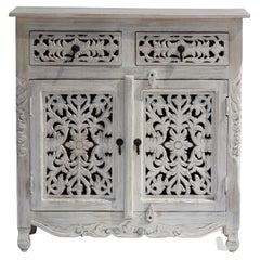 Hand-Carved Floral Wooden Cabinet – Distressed White Buffet by House of Jaipur