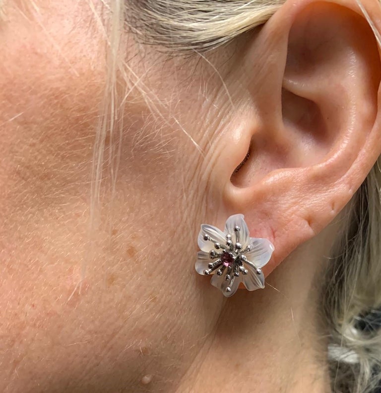 Hand Carved Flower Earring Jacket Set with Pink Sapphire "Stamen" 18