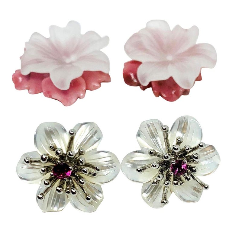 Hand Carved Flower Earring Jacket Set with Pink Sapphire "Stamen" 18
