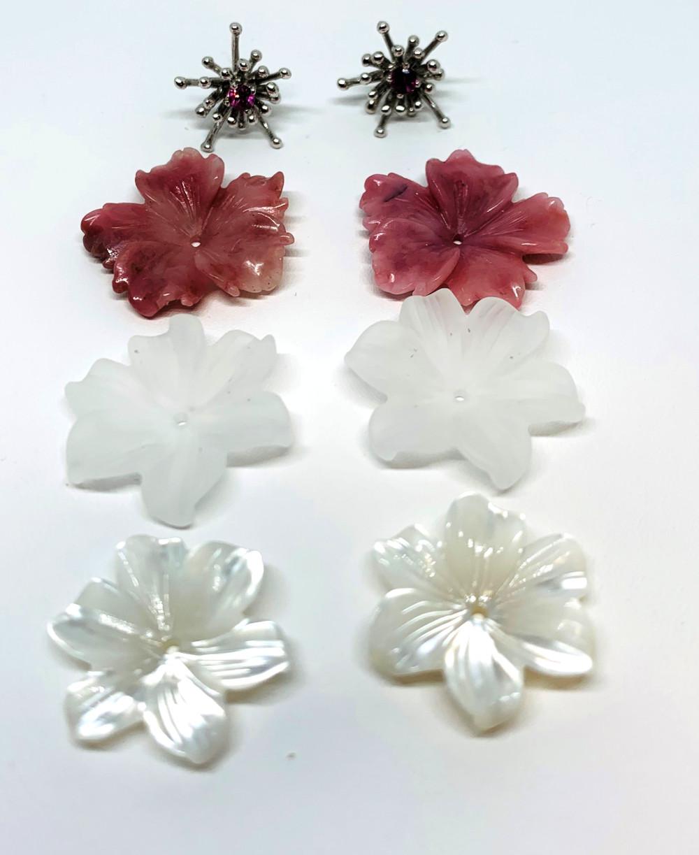 Artisan Hand Carved Flower Earring Jacket Set with Pink Sapphire 
