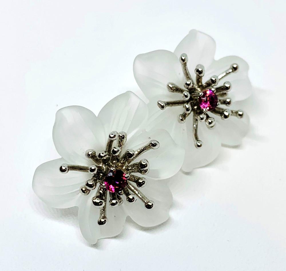 Round Cut Hand Carved Flower Earring Jacket Set with Pink Sapphire 