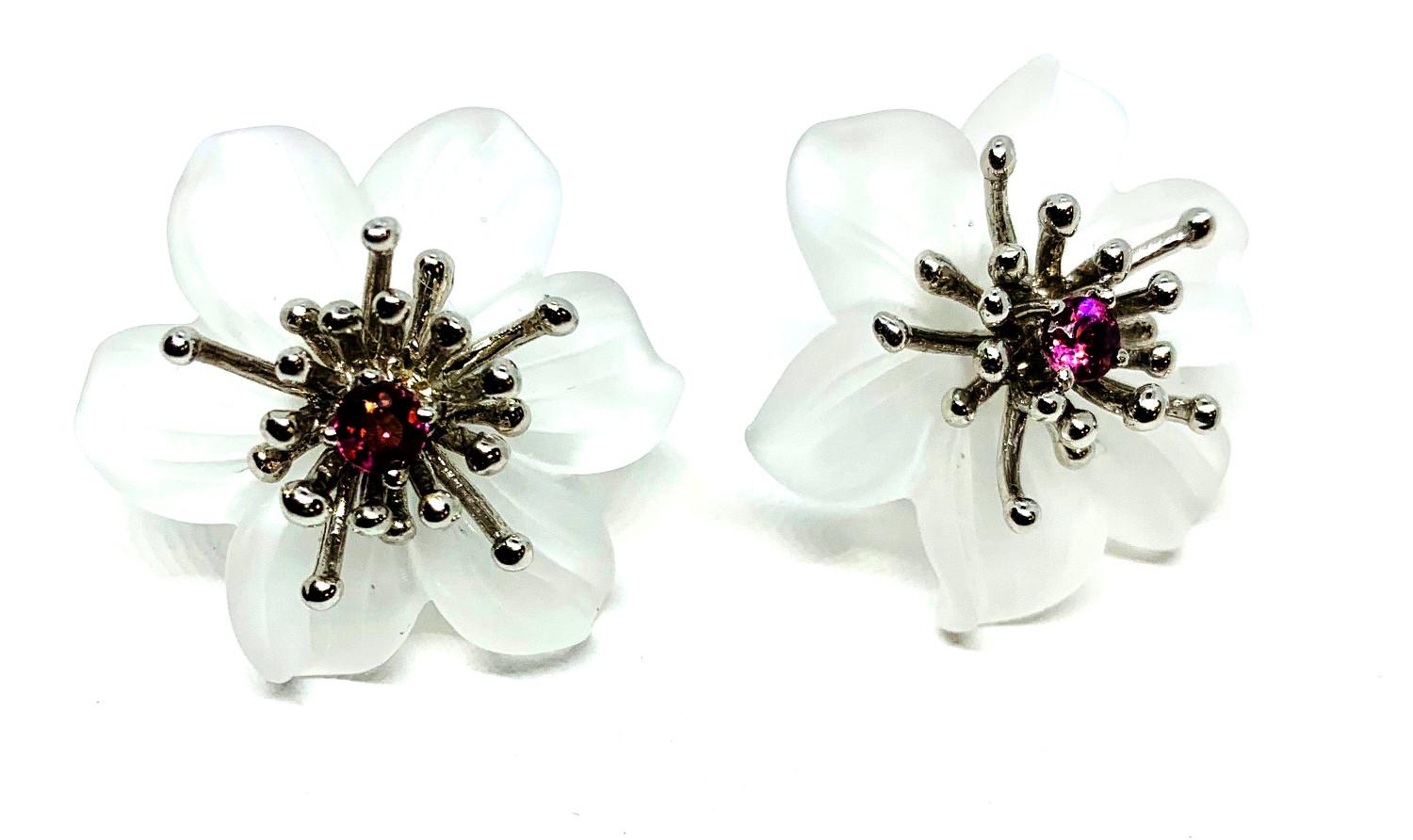 Hand Carved Flower Earring Jacket Set with Pink Sapphire 