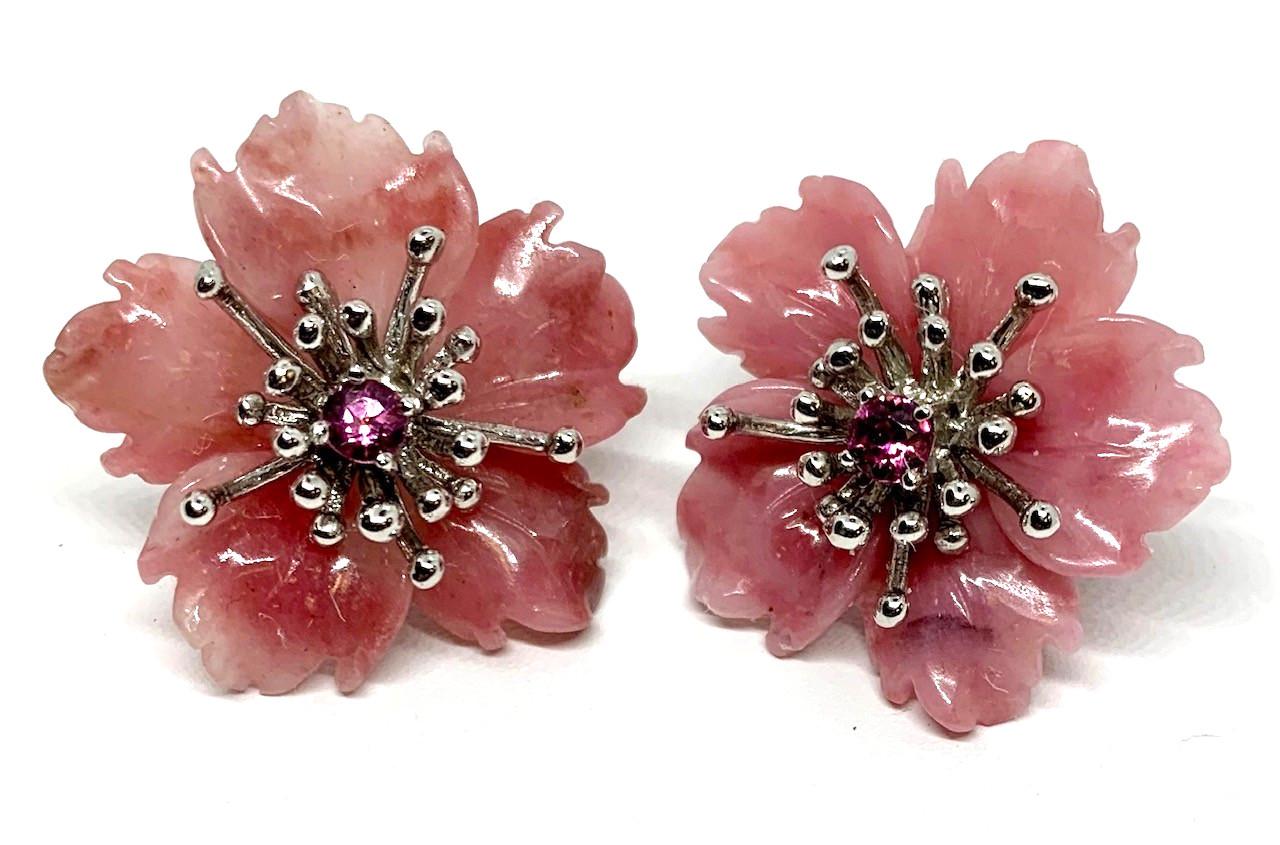 Women's Hand Carved Flower Earring Jacket Set with Pink Sapphire 