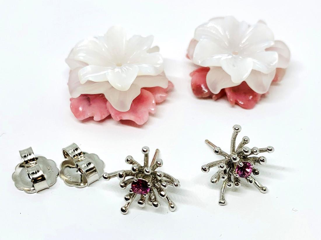 Hand Carved Flower Earring Jacket Set with Pink Sapphire 