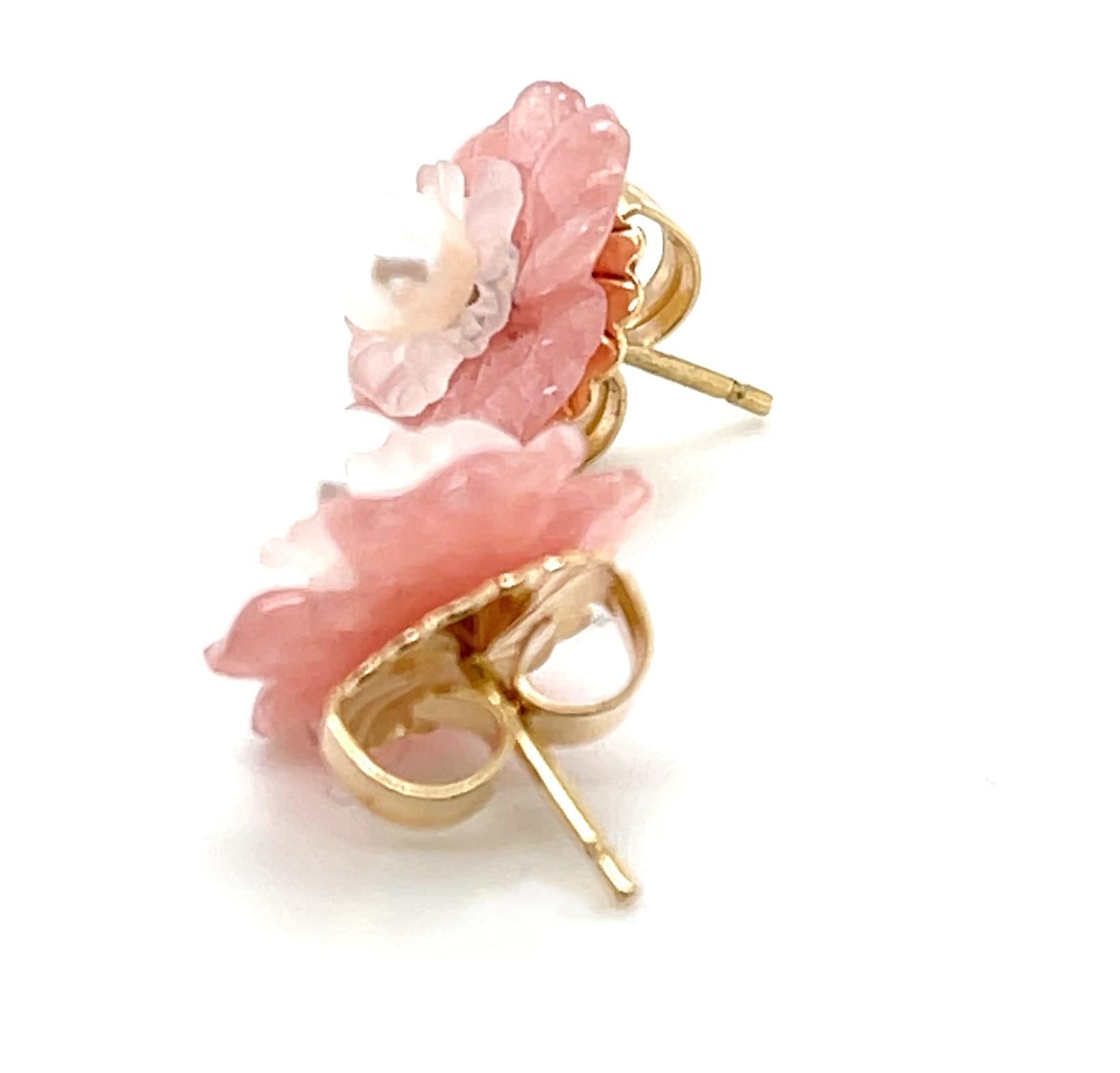 Artisan Hand Carved Flower Earrings of Rhodochrosite, Rose Quartz, 14k and Pearls For Sale