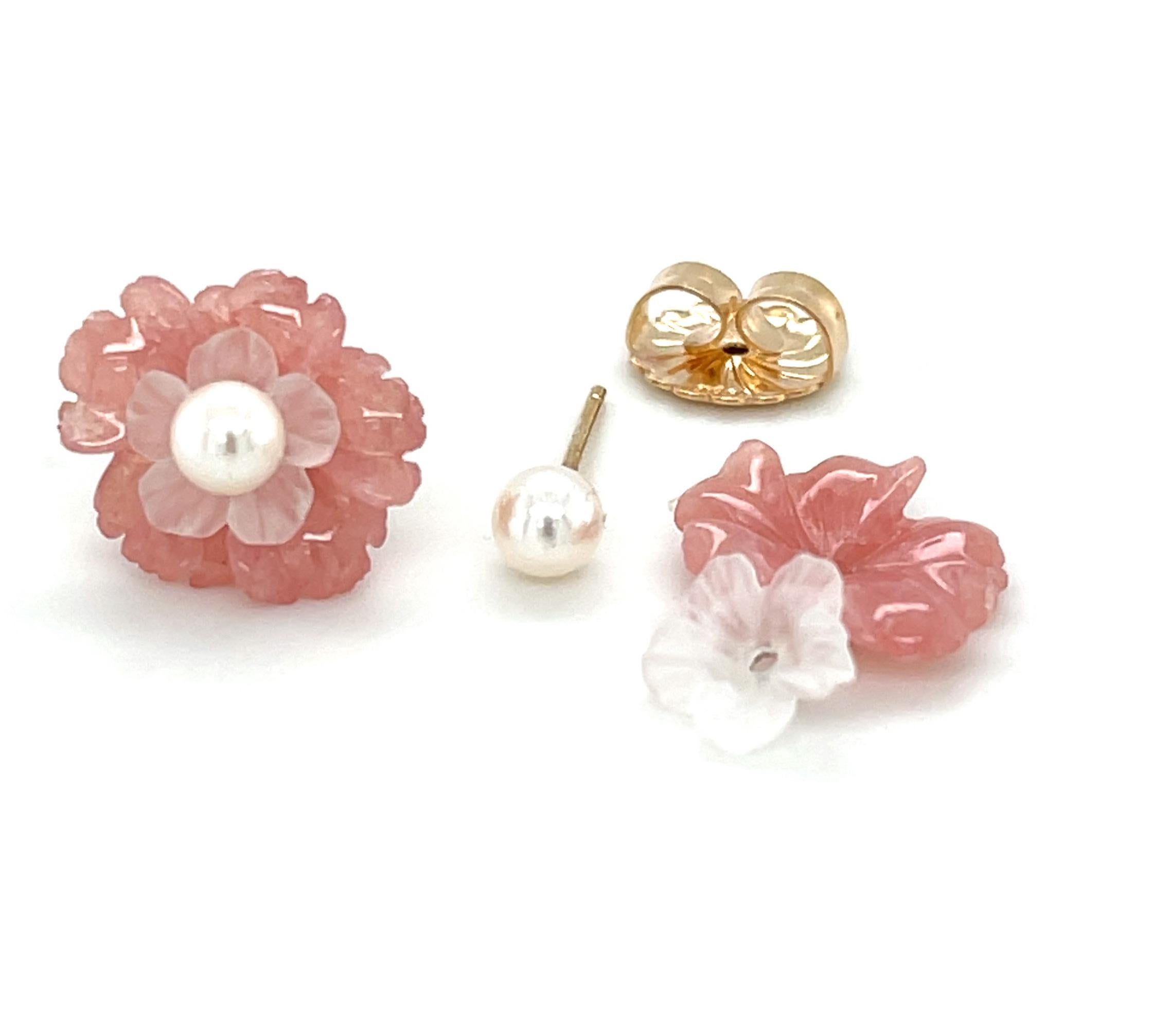 Uncut Hand Carved Flower Earrings of Rhodochrosite, Rose Quartz, 14k and Pearls For Sale