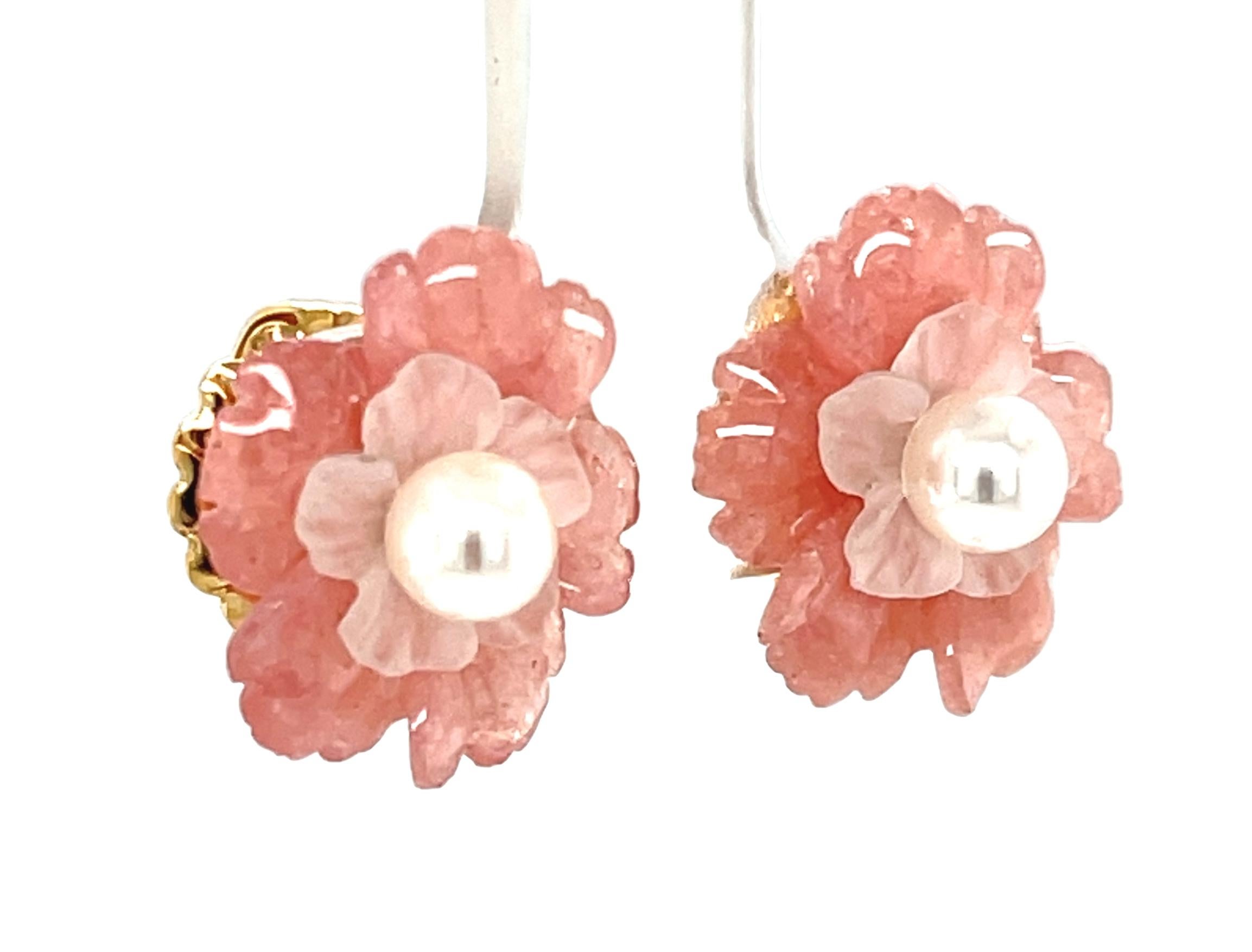 Women's or Men's Hand Carved Flower Earrings of Rhodochrosite, Rose Quartz, 14k and Pearls For Sale