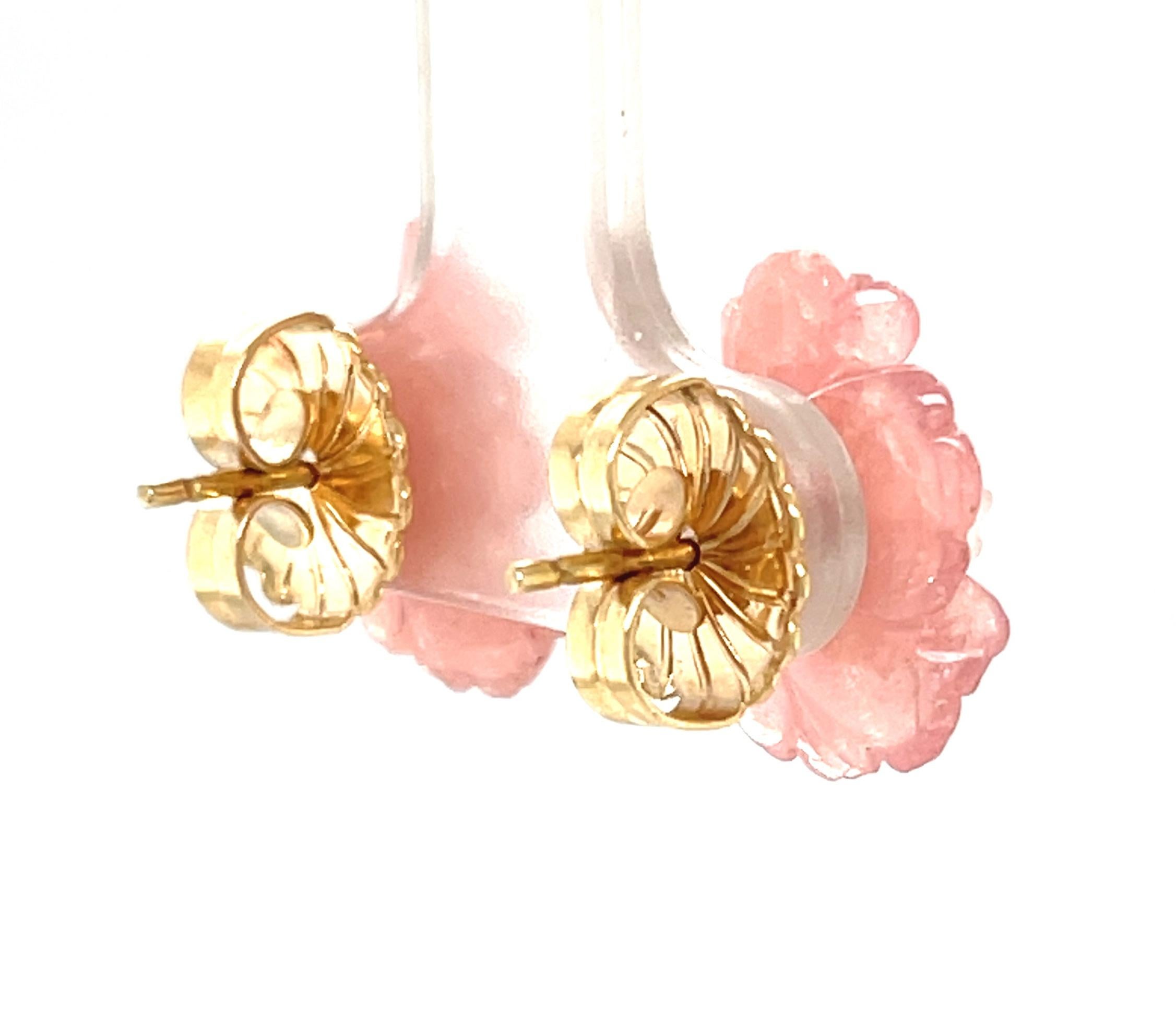 Hand Carved Flower Earrings of Rhodochrosite, Rose Quartz, 14k and Pearls For Sale 1