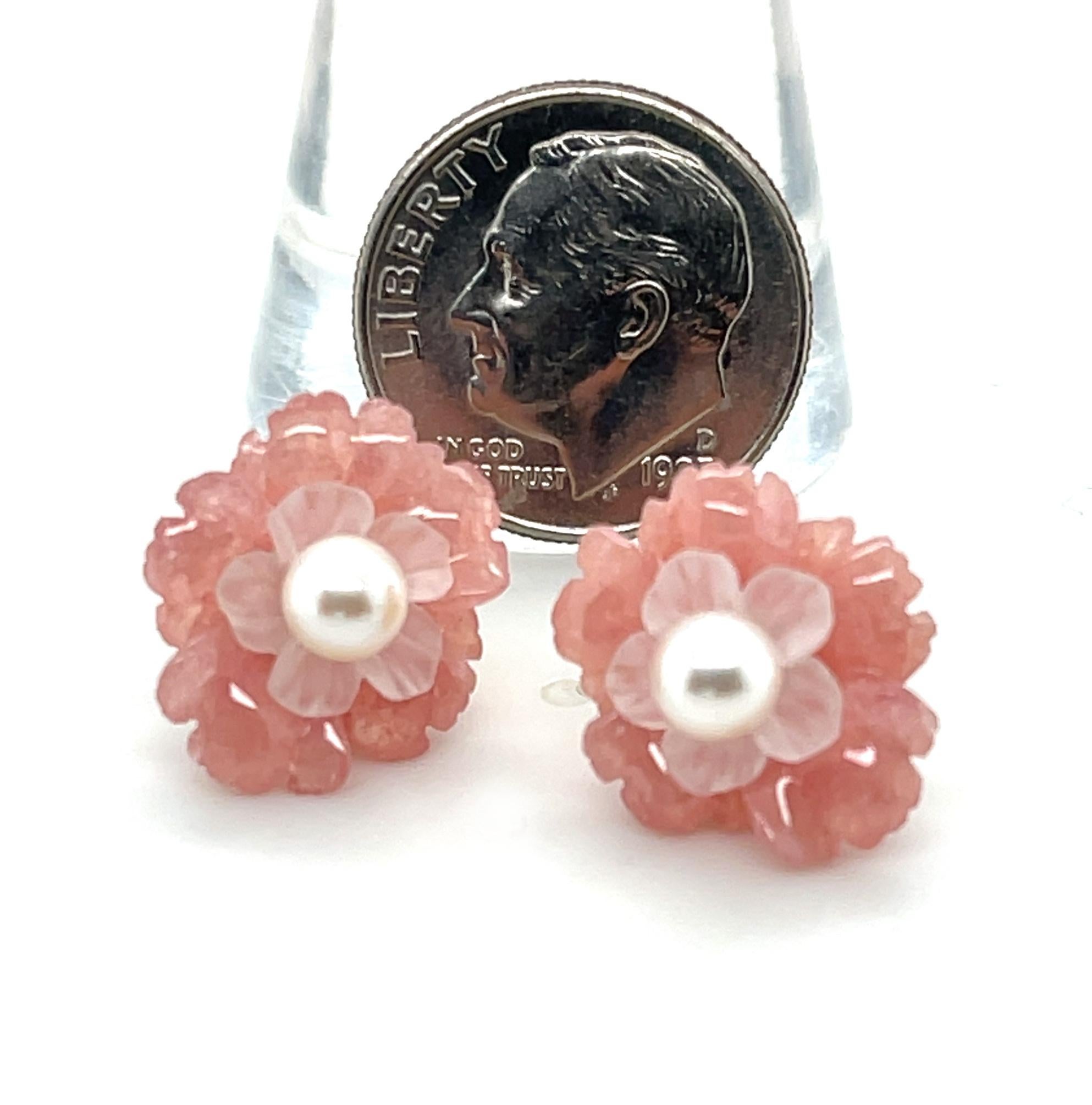 Hand Carved Flower Earrings of Rhodochrosite, Rose Quartz, 14k and Pearls For Sale 2
