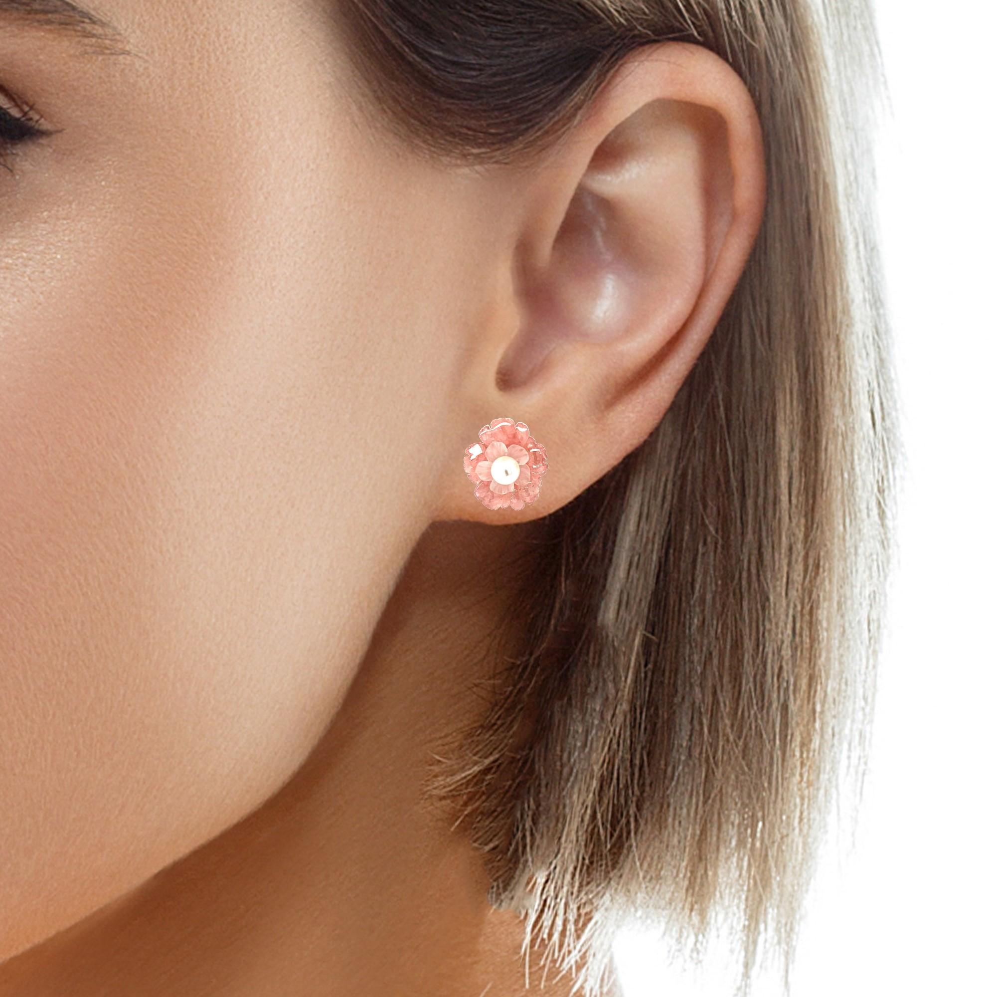 Hand Carved Flower Earrings of Rhodochrosite, Rose Quartz, 14k and Pearls For Sale 3