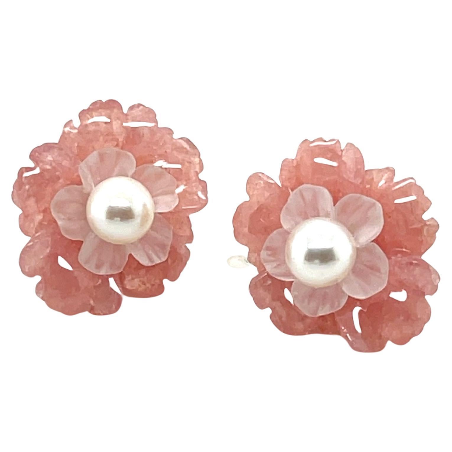 Hand Carved Flower Earrings of Rhodochrosite, Rose Quartz, 14k and Pearls For Sale