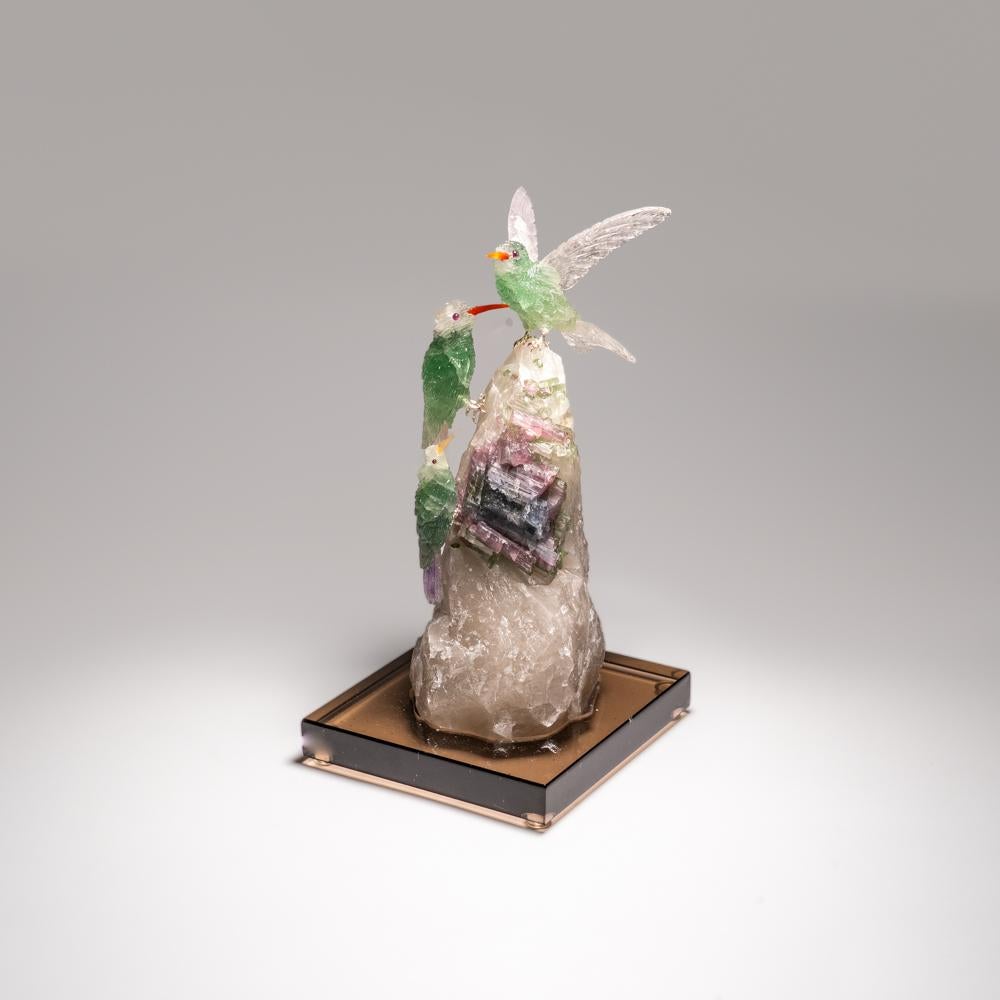 Hand Carved Fluorite Hummingbirds on a Watermelon Tourmaline in Quartz Matrix For Sale 4