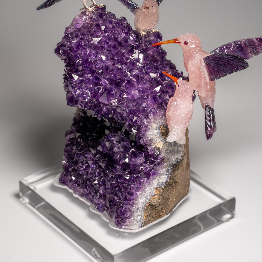 Hand Carved Fluorite Hummingbirds on a Watermelon Tourmaline in Quartz Matrix For Sale 4
