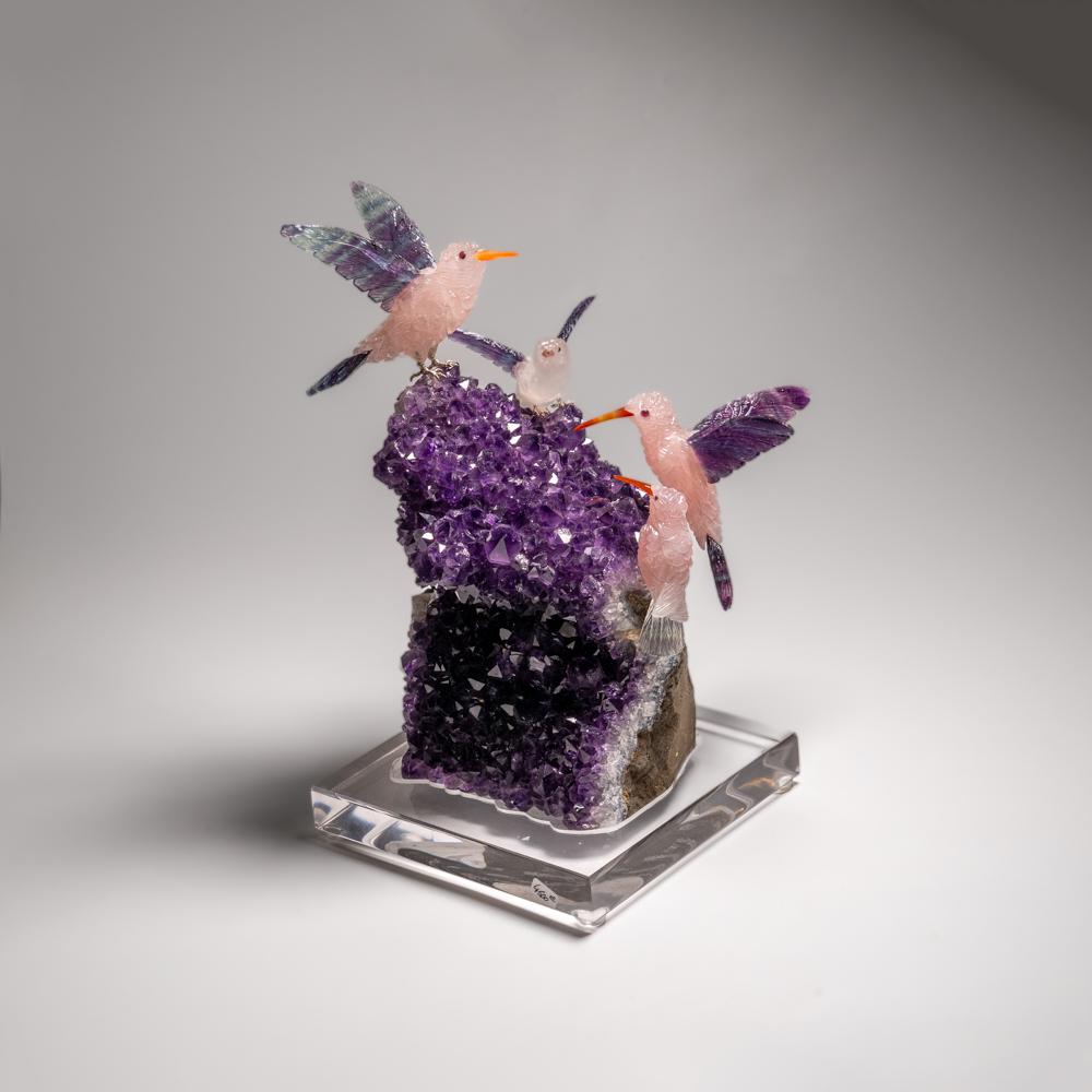 Hand Carved Fluorite Hummingbirds on a Watermelon Tourmaline in Quartz Matrix For Sale 5