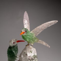 Hand Carved Fluorite Hummingbirds on a Watermelon Tourmaline in Quartz Matrix