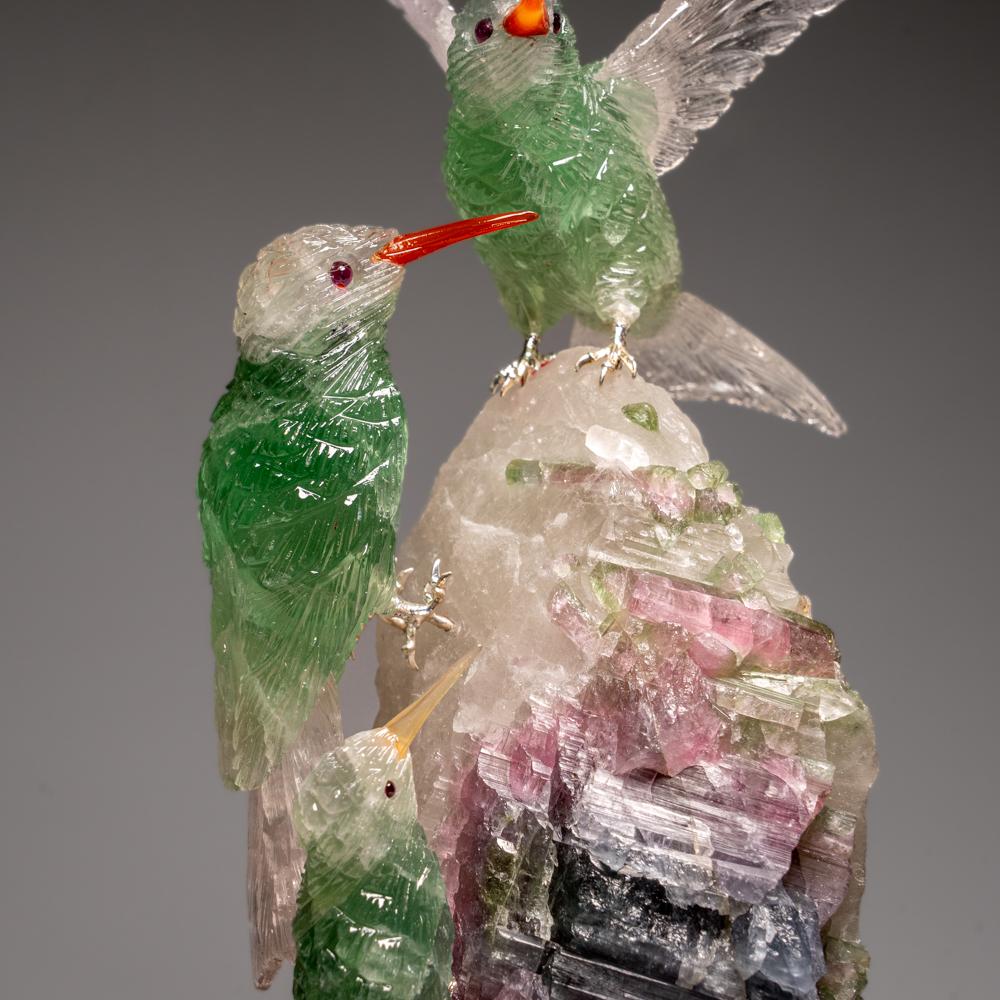 Brazilian Hand Carved Fluorite Hummingbirds on a Watermelon Tourmaline in Quartz Matrix For Sale