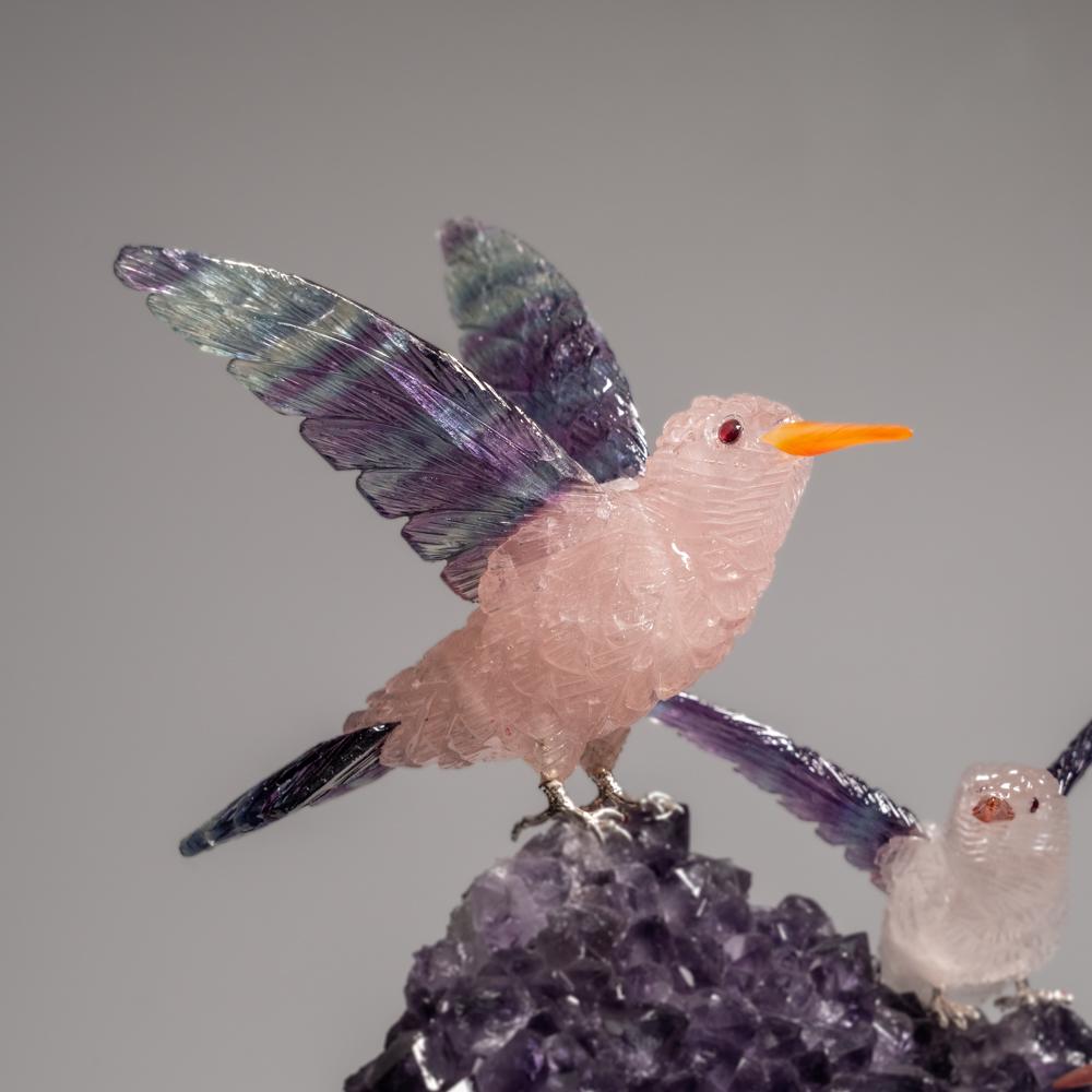 Brazilian Hand Carved Fluorite Hummingbirds on a Watermelon Tourmaline in Quartz Matrix For Sale
