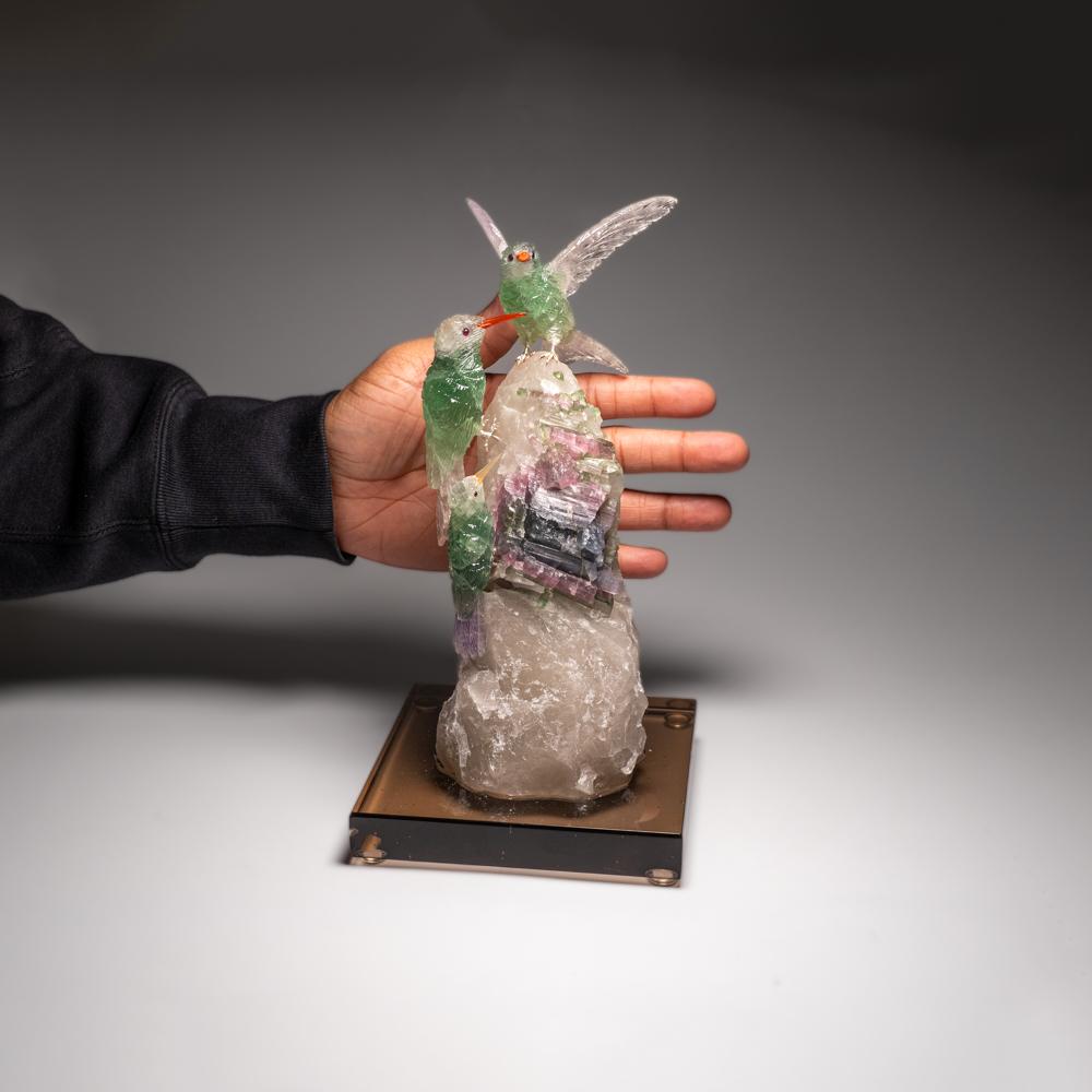 Hand Carved Fluorite Hummingbirds on a Watermelon Tourmaline in Quartz Matrix In New Condition For Sale In New York, NY