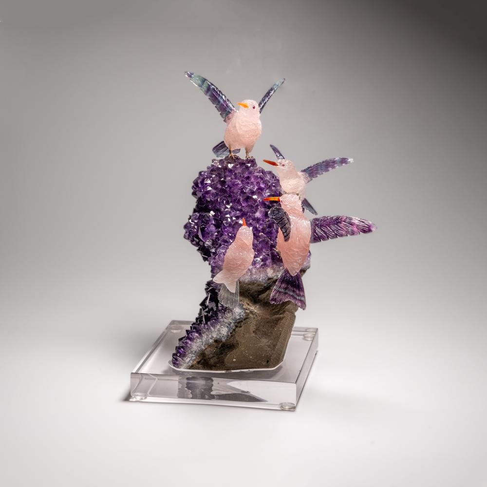Hand Carved Fluorite Hummingbirds on a Watermelon Tourmaline in Quartz Matrix In New Condition For Sale In New York, NY