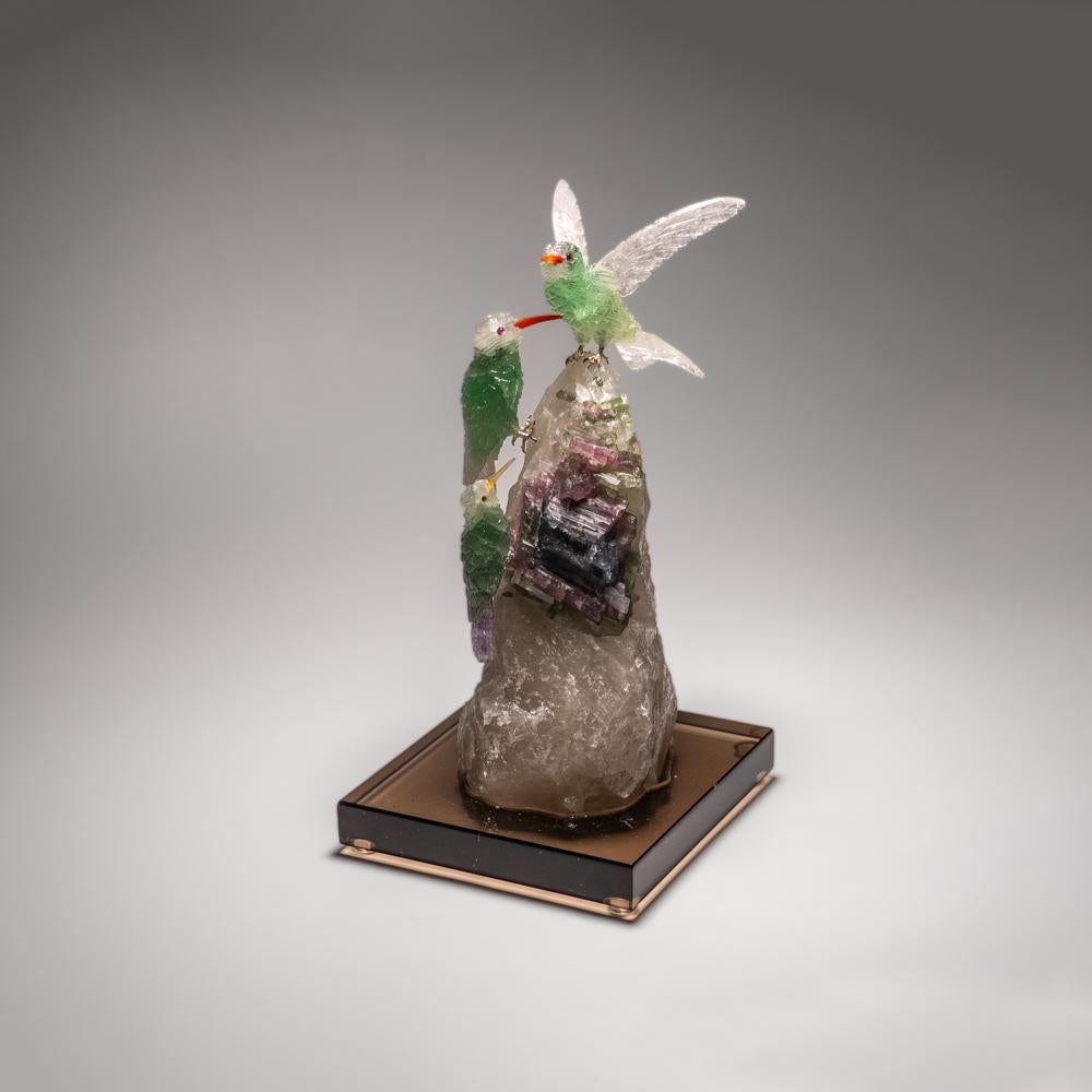 Contemporary Hand Carved Fluorite Hummingbirds on a Watermelon Tourmaline in Quartz Matrix For Sale