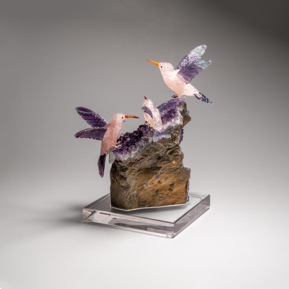 Contemporary Hand Carved Fluorite Hummingbirds on a Watermelon Tourmaline in Quartz Matrix For Sale