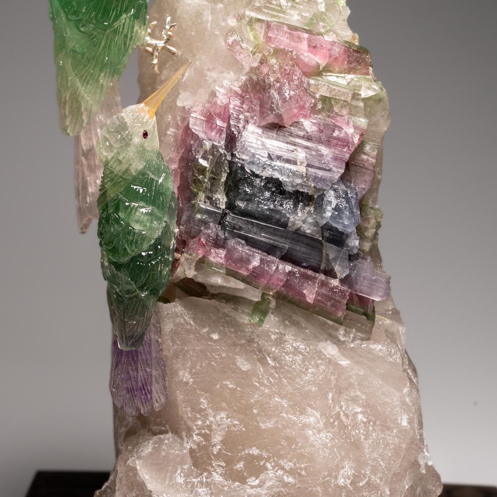 Crystal Hand Carved Fluorite Hummingbirds on a Watermelon Tourmaline in Quartz Matrix For Sale