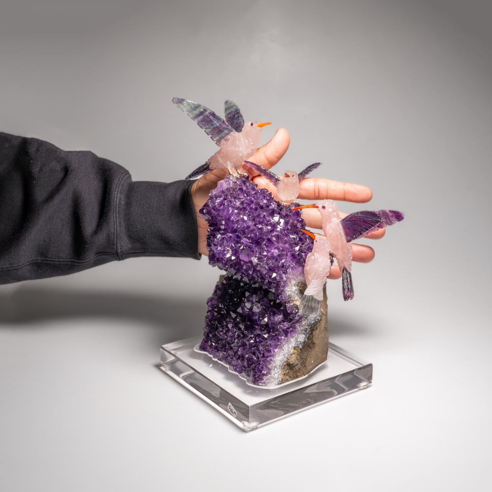 Crystal Hand Carved Fluorite Hummingbirds on a Watermelon Tourmaline in Quartz Matrix For Sale
