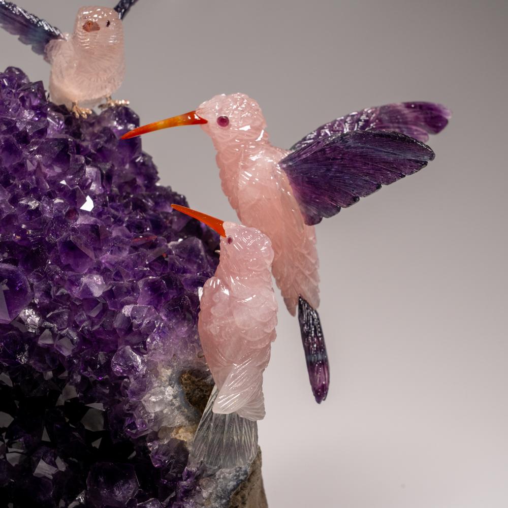 Hand Carved Fluorite Hummingbirds on a Watermelon Tourmaline in Quartz Matrix For Sale 1