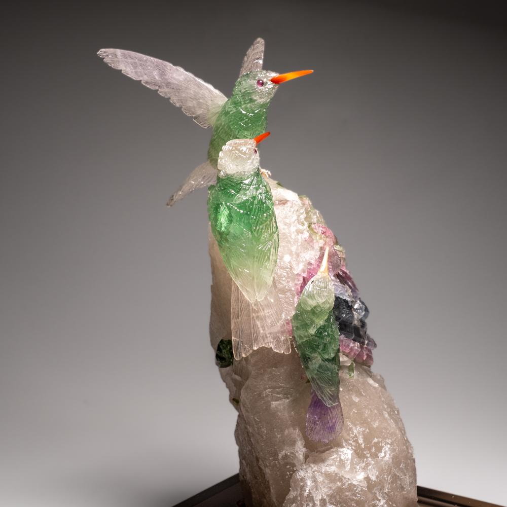 Hand Carved Fluorite Hummingbirds on a Watermelon Tourmaline in Quartz Matrix For Sale 2