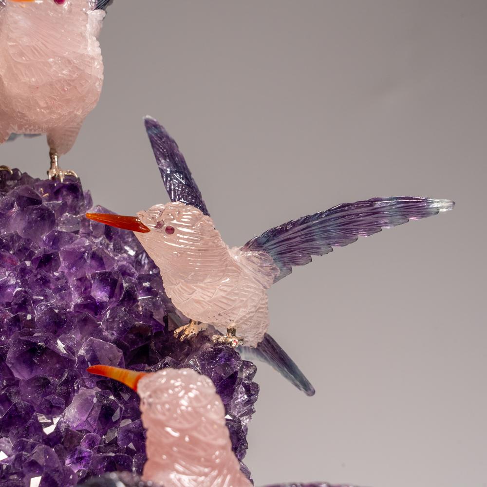 Hand Carved Fluorite Hummingbirds on a Watermelon Tourmaline in Quartz Matrix For Sale 2