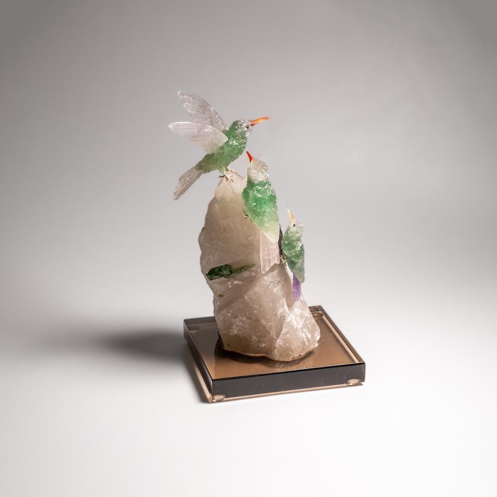 Hand Carved Fluorite Hummingbirds on a Watermelon Tourmaline in Quartz Matrix For Sale 3