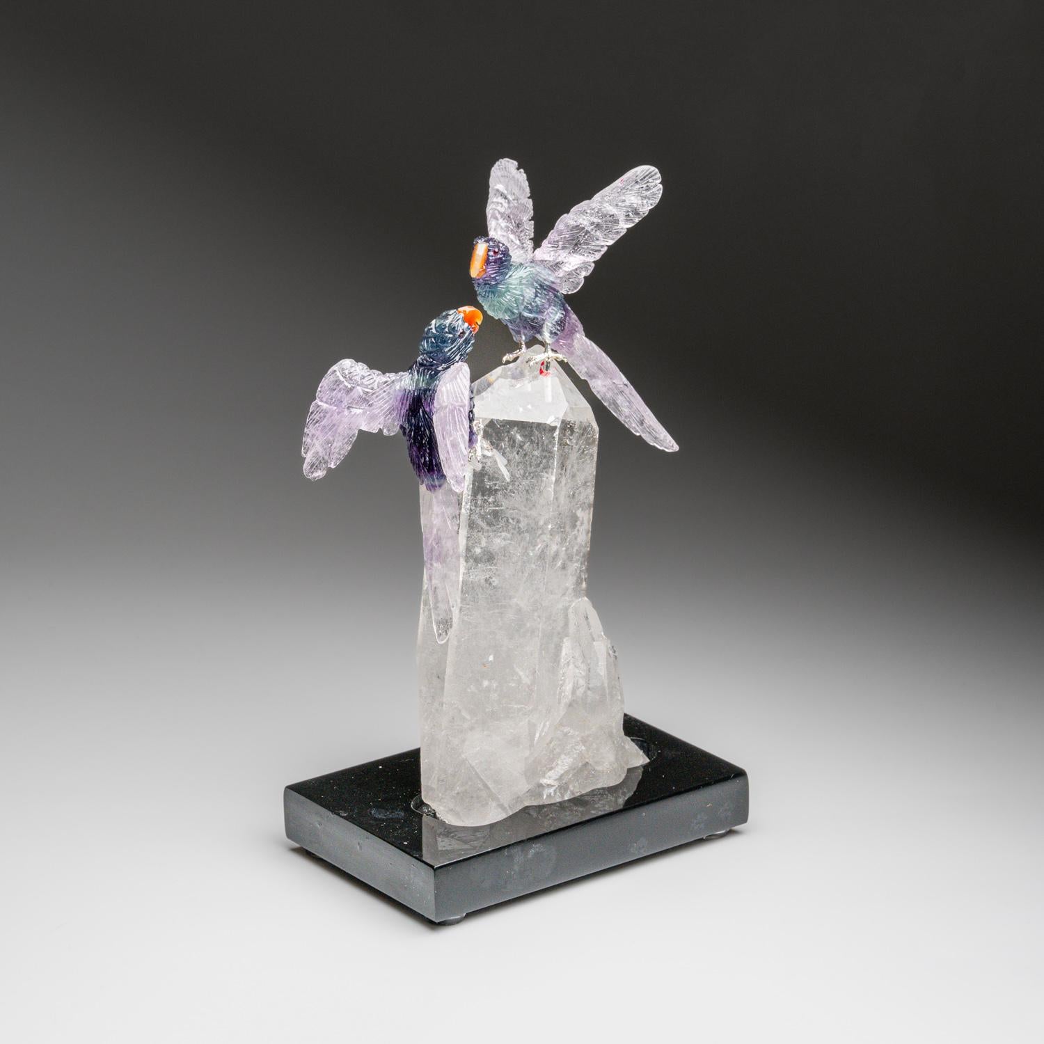 Cristal Hibou en fluorine sculpté à la main sur un point de quartz transparent (6,5 po. (H) en vente